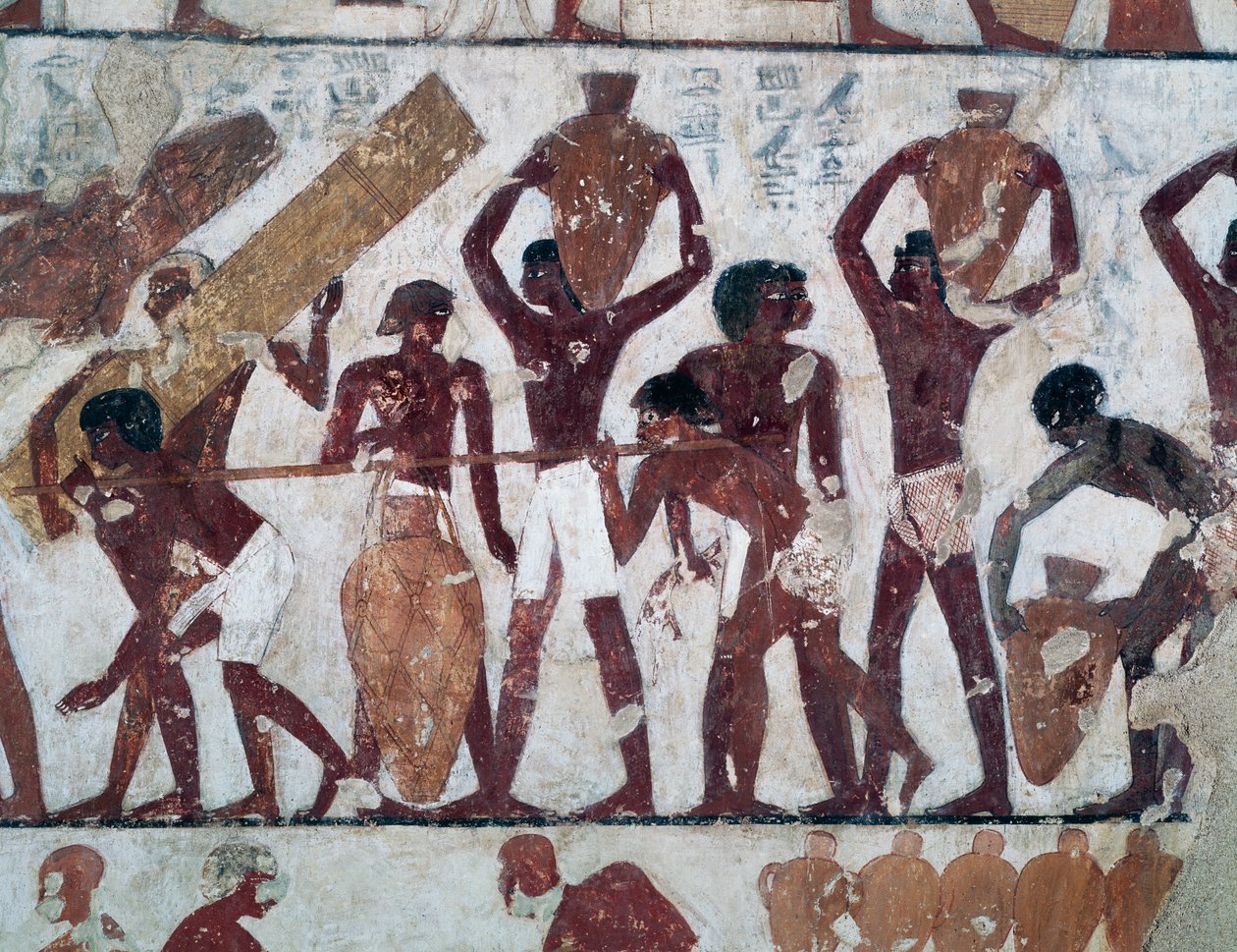 Ruoan kuljettaminen varastoon Ammonin temppelin varastoihin, Rekhmiren hauta, joka tunnetaan myös nimellä Tomb TT100, Sheikh Abd el-Qurna, Theban Necropolis (Unescon maailmanperintöluettelo puola) autorstwa Egyptian 18th Dynasty