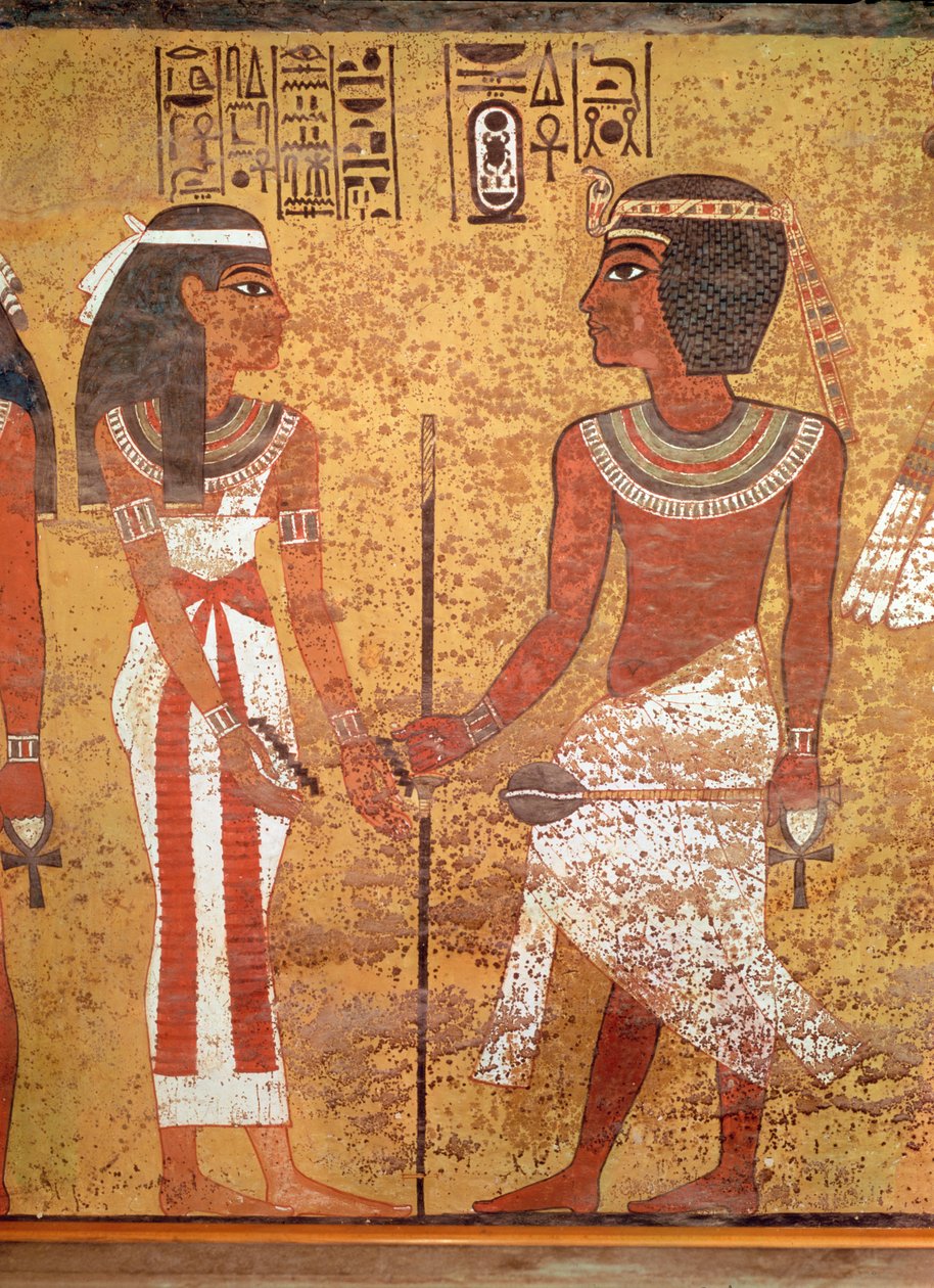 Tutanchamon (ok. 1370-1352 pne) i jego żona Ankhesenamun, z jego grobowca, New Kingdom (malowany wapień) autorstwa Egyptian 18th Dynasty