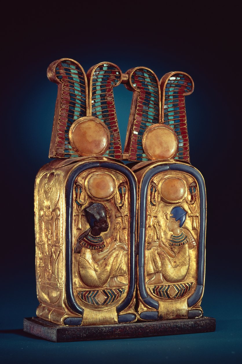 Pudełko na maści w formie podwójnego kartusza królewskiego, z grobowca Tutanchamona, Nowe Państwo (drewno pozłacane inkrustowane pastą szklaną) autorstwa Egyptian 18th Dynasty