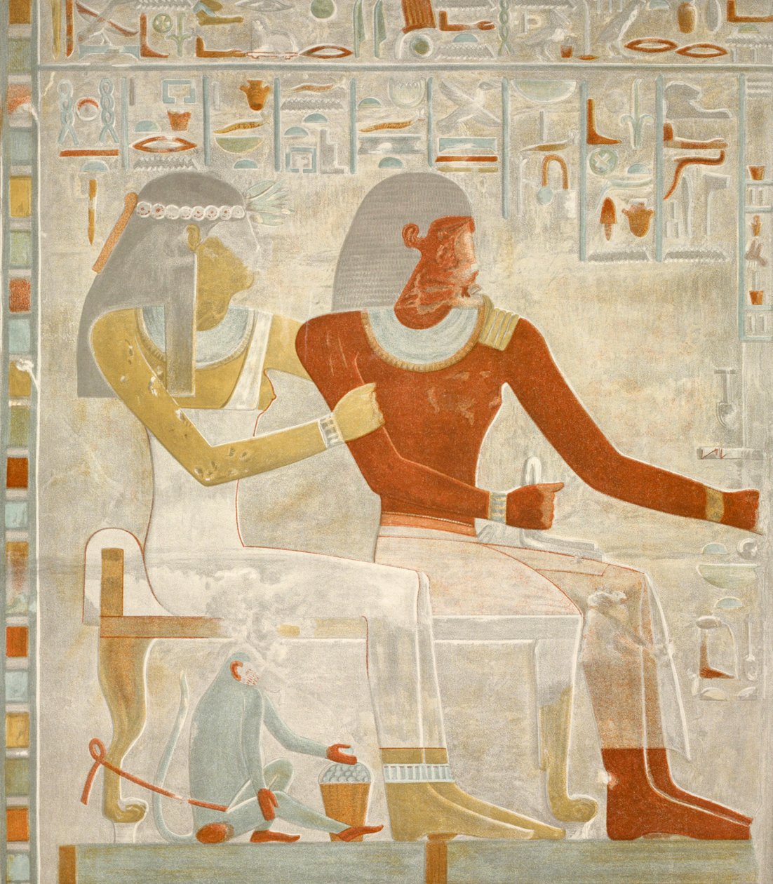 ilustracja fresku Paheri i jego żony Henut-er-neheh z grobowca Paheri w El Kab w Egipcie, zdjęcie opublikowane w 1895 r. (Druk) autorstwa Egyptian 18th Dynasty