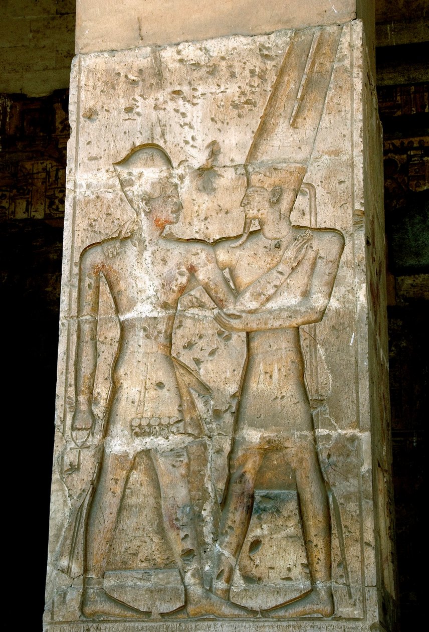 Starożytna sztuka egipska: płaskorzeźba na kolumnie świątyni Sethi I (Sety lub Seti I autorstwa Egyptian 19th Dynasty