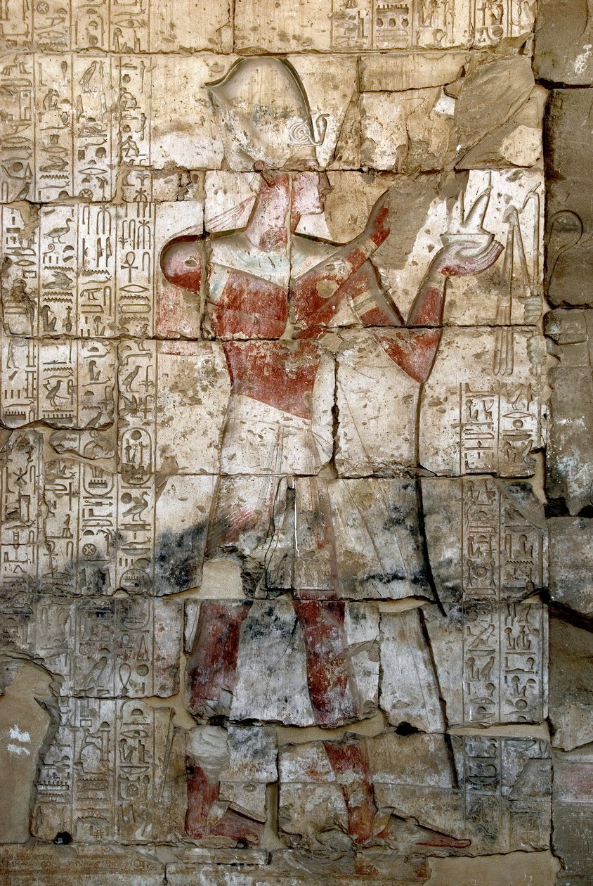 Starożytna sztuka egipska: płaskorzeźba na kolumnie świątyni Seti I (Stay lub Seti I autorstwa Egyptian 19th Dynasty