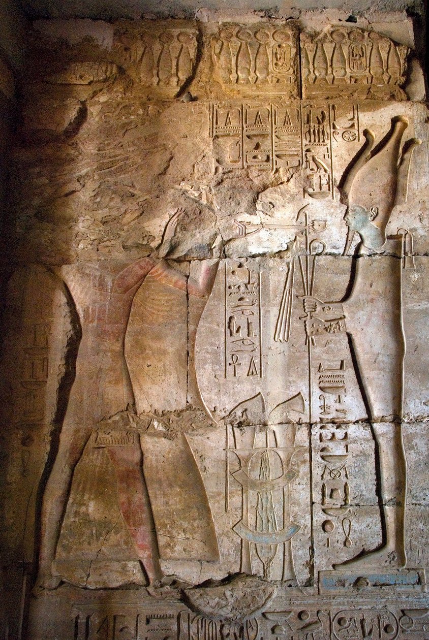 Starożytna sztuka egipska: płaskorzeźba portyku świątyni Seti I (Stay lub Seti I autorstwa Egyptian 19th Dynasty