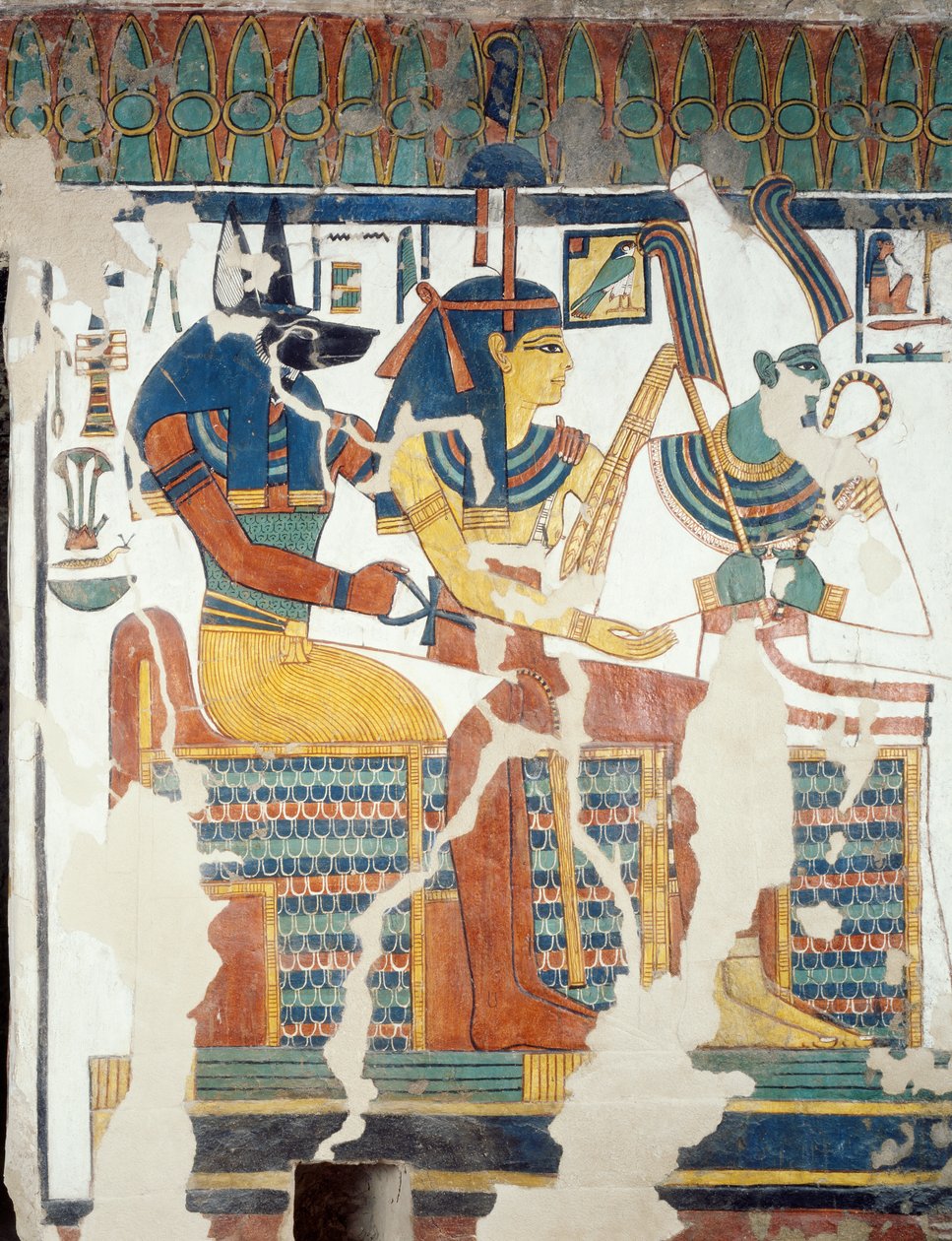 Anubis, Ozyrys i Nefertari, z drugiej komnaty Grobowca Nefertari, detal (fresk) autorstwa Egyptian 19th Dynasty