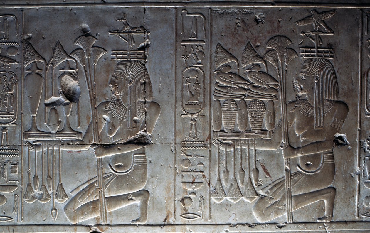 Płaskorzeźba, Świątynia Setiego I lub Wielka Świątynia w Abydos, Abydos, Egipt, cywilizacja egipska, Nowe Państwo, XIX dynastia autorstwa Egyptian 19th Dynasty