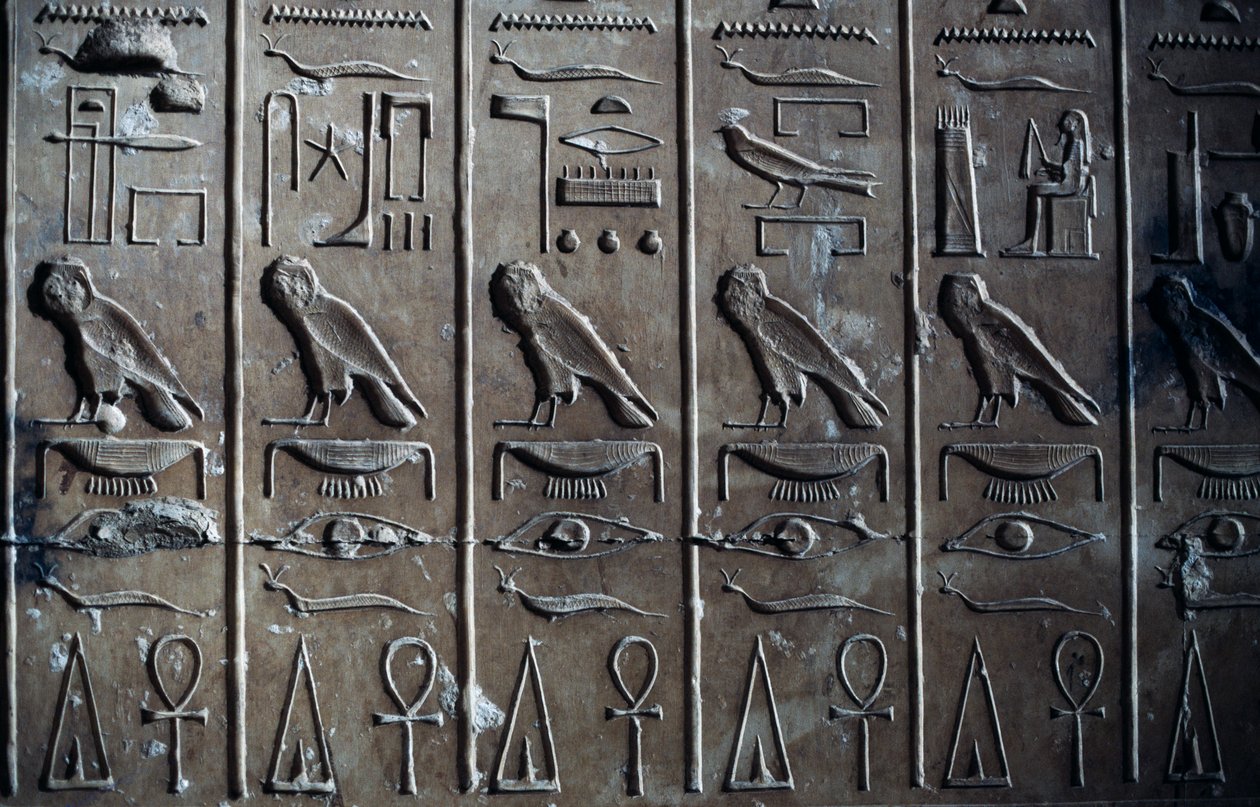 Płaskorzeźba z hieroglifami przedstawiająca boga Horusa w postaci jastrzębia i ankh, symbol życia, Świątynia Setiego I lub Wielka Świątynia Abydos, Abydos, Egipt, cywilizacja egipska, Nowe Królestwo, dynastia XIX autorstwa Egyptian 19th Dynasty