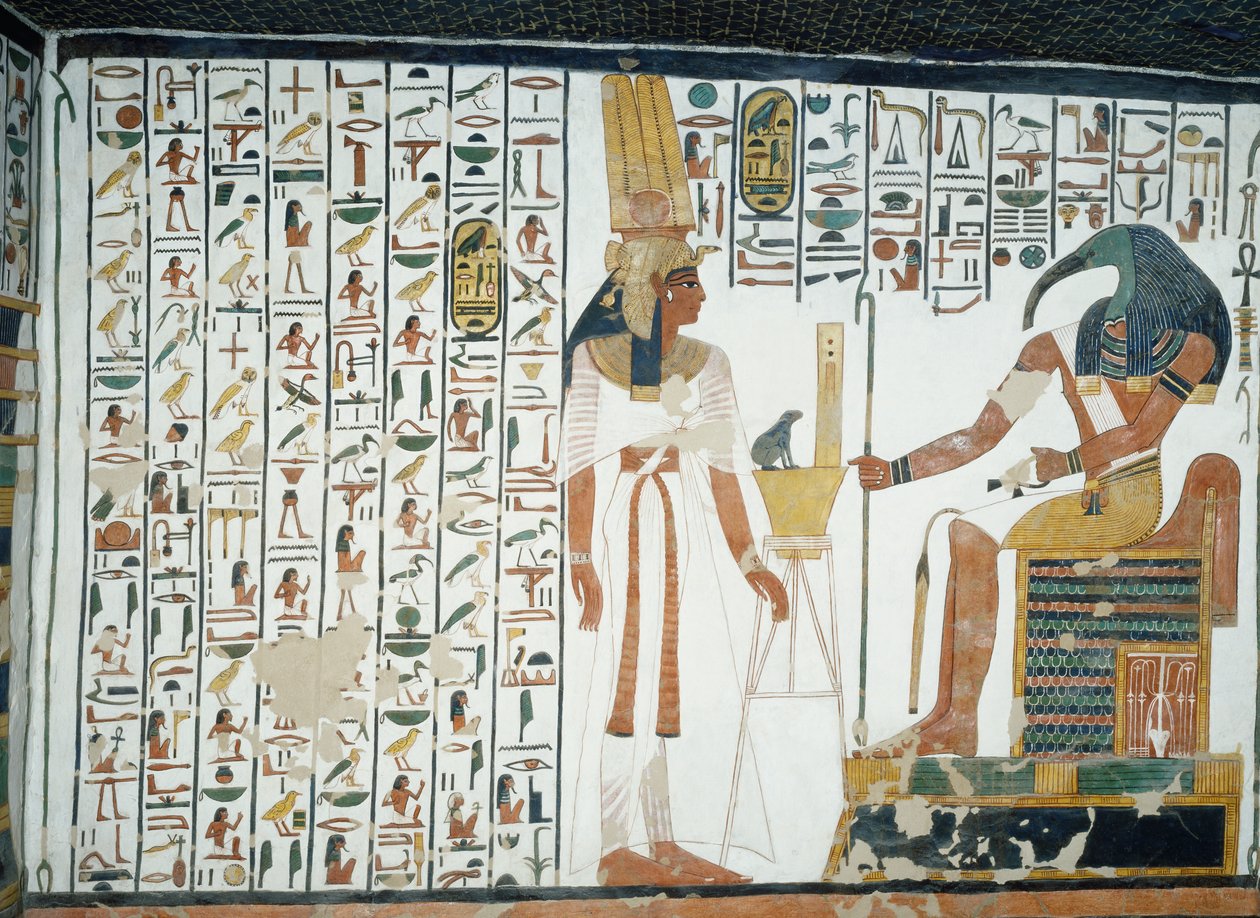 Rozdział 94 Księgi Umarłych, Nefertari stojąca przed bogiem Totem, skrybą z głową ibisa, fresk, północna ściana, komnata po wschodniej stronie, Grobowiec Nefertari (QV66), Dolina Królowych, Teby. Cywilizacja egipska, Nowe Państwo, XIX dynastia. autorstwa Egyptian 19th Dynasty