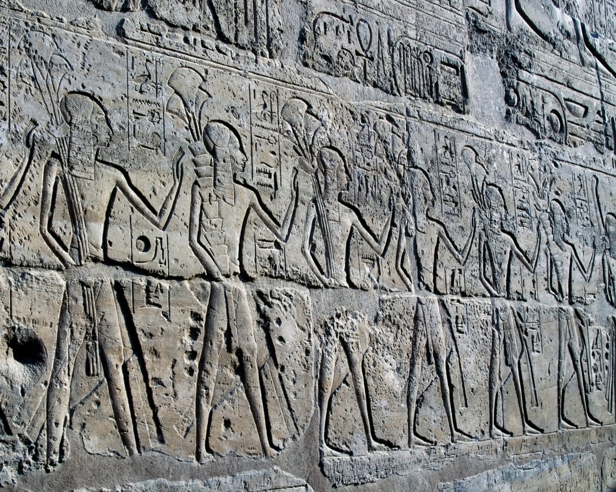 Postacie symbolizujące okręgi górnicze przynoszące daninę bogu, relief, Dziedziniec Ramzesa II, Świątynia Amona (Lista światowego dziedzictwa Unesco) autorstwa Egyptian 19th Dynasty