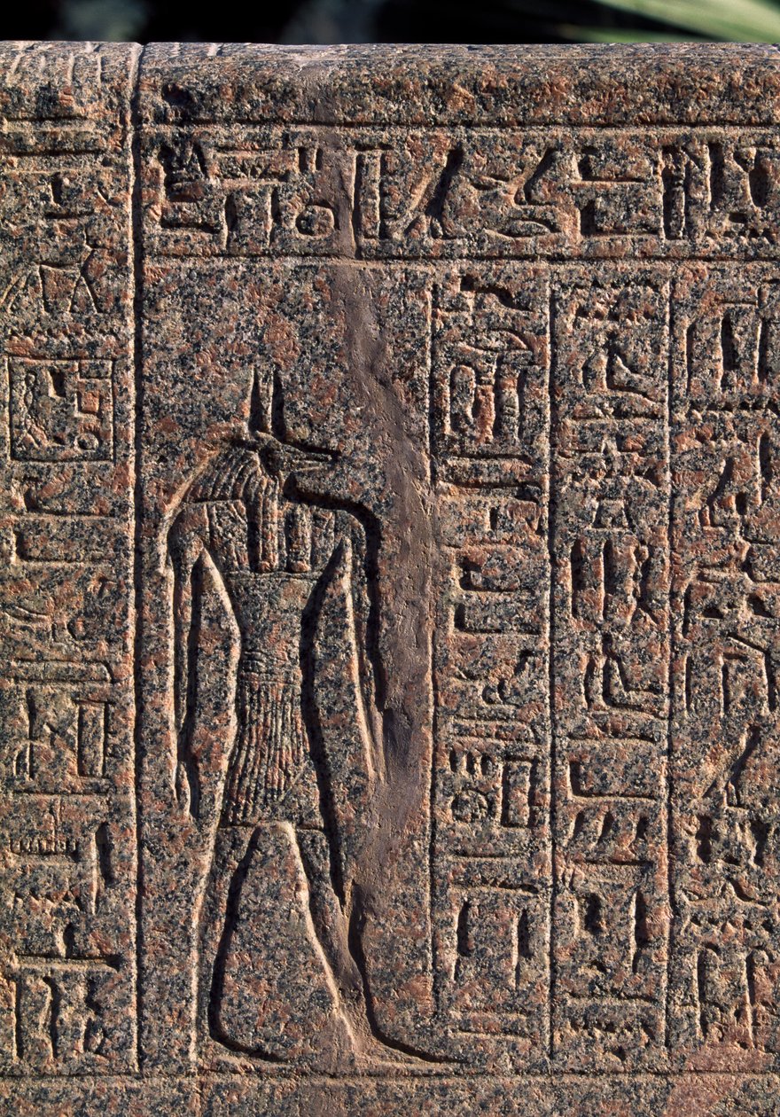 Przedstawienie Anubisa, szczegół inskrypcji i płaskorzeźba Anubisa i innego boga, sarkofag Amenhotepa, Memfis (Lista światowego dziedzictwa Unesco) autorstwa Egyptian 19th Dynasty