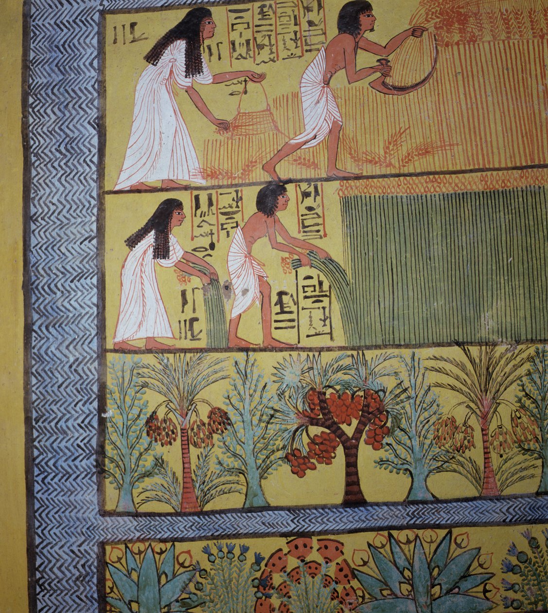 Fragment sceny żniw na wschodniej ścianie, z Grobowca Sennedjem, Wioska Robotnicza, Nowe Królestwo (malarstwo ścienne) (patrz także 19829-30 i 67891) autorstwa Egyptian 19th Dynasty