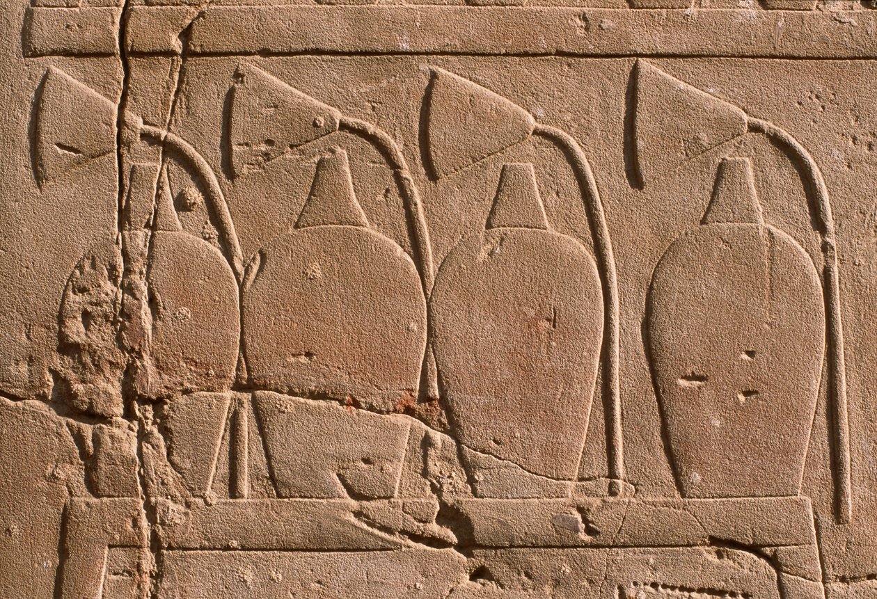Detal płaskorzeźby przedstawiający słoiki i kwiaty lotosu (wapień) autorstwa Egyptian 19th Dynasty