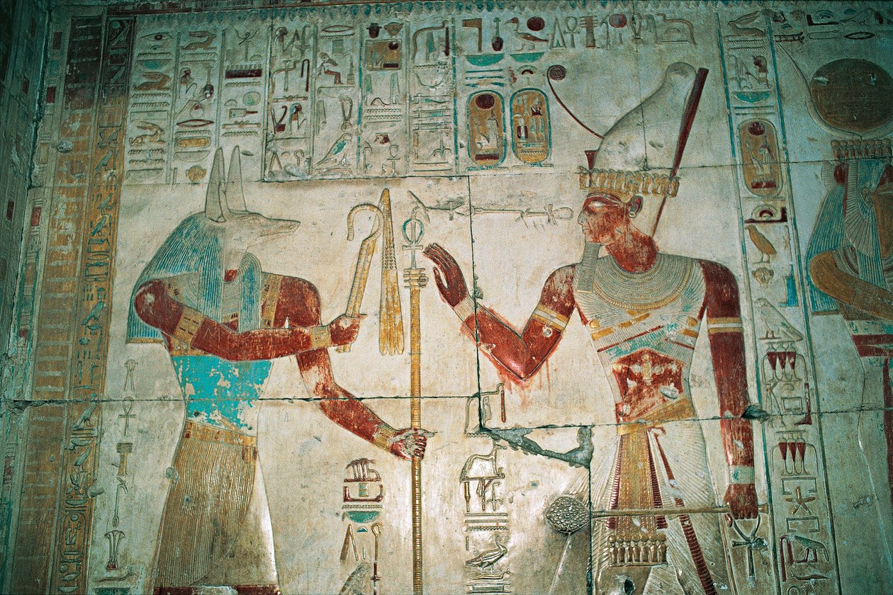 Egipt, Abydos, świątynia faraona Setiego I, kaplica Ozyrysa. Detal, malowana płaskorzeźba, Nowe Królestwo, dynastia XIX autorstwa Egyptian 19th Dynasty