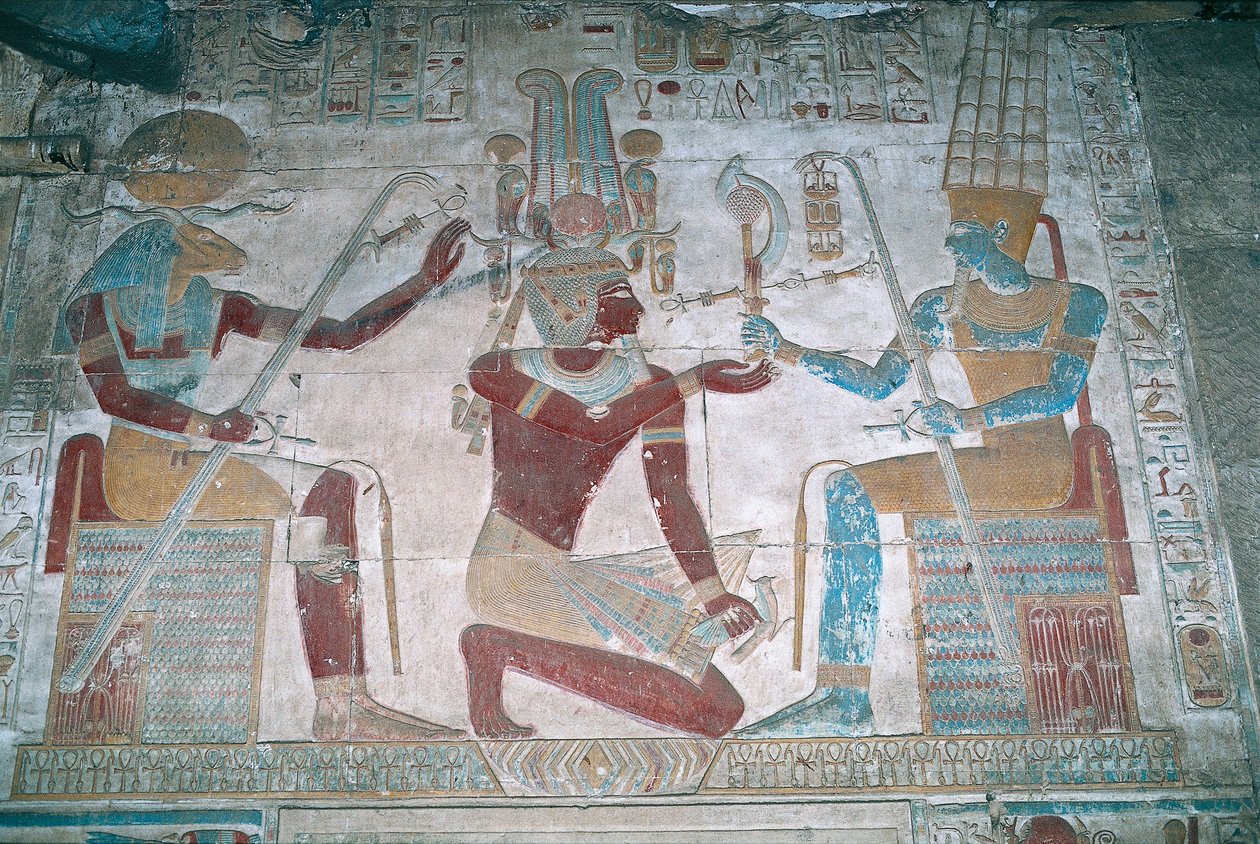 Egipt, Abydos, świątynia faraona Seti I, kaplica Ozyrysa, malowany relief autorstwa Egyptian 19th Dynasty