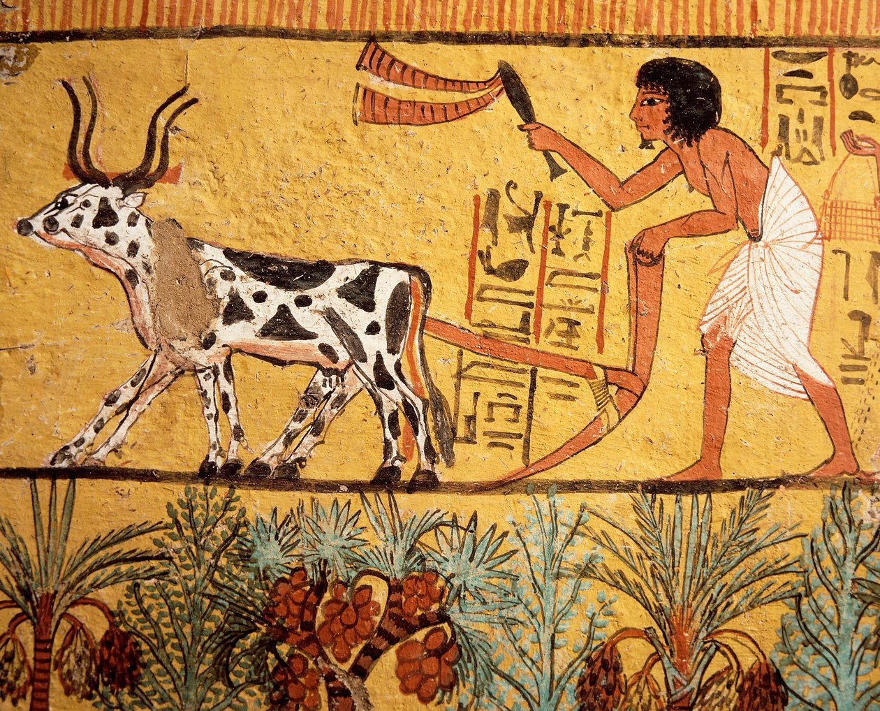 Egipt, starożytne Teby, Deir el-Medina, grobowiec Sennedżema, malowidło ścienne przedstawiające Sennedżema orzącego pola Iaru autorstwa Egyptian 19th Dynasty