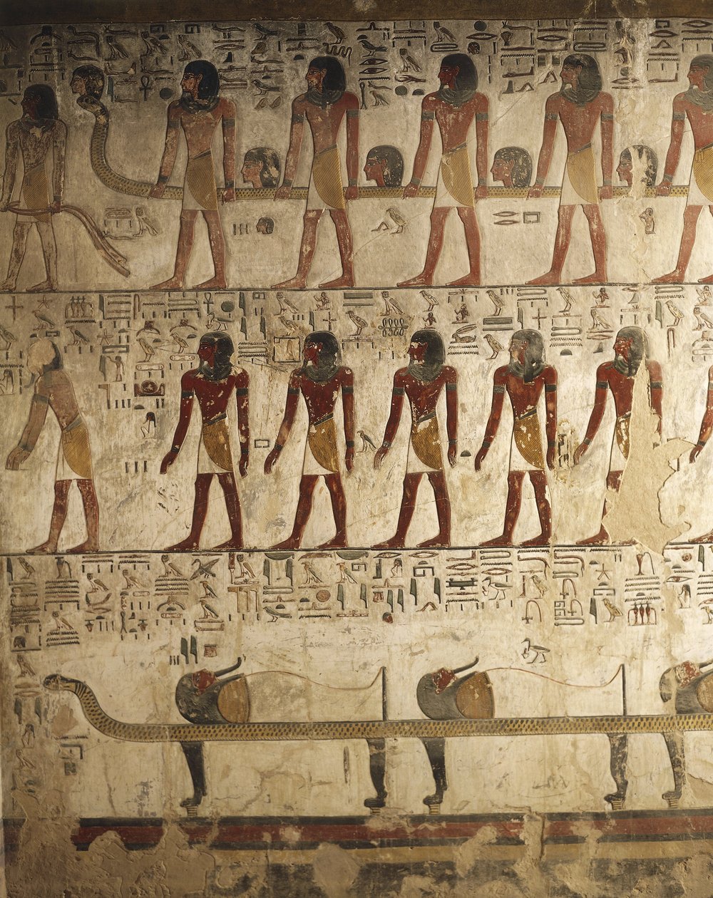 Egipt, Luksor, Dolina Królów, grobowiec Setiego I, relief z namalowanymi scenami z Księgi Bram autorstwa Egyptian 19th Dynasty