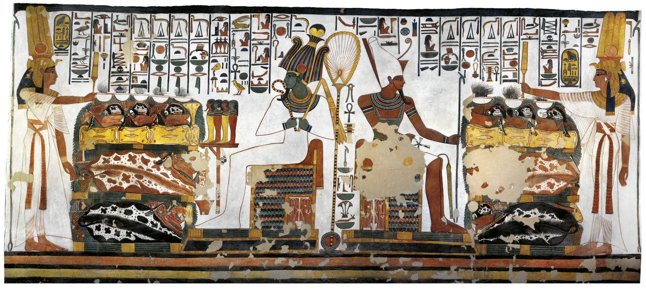 Egipt, Teby, Luksor, Dolina Królowych, Grobowiec Nefertari, Aneks do przedpokoju, Malowidła ścienne, Ofiarowanie królowej przed Ozyrysem i Atumem autorstwa Egyptian 19th Dynasty