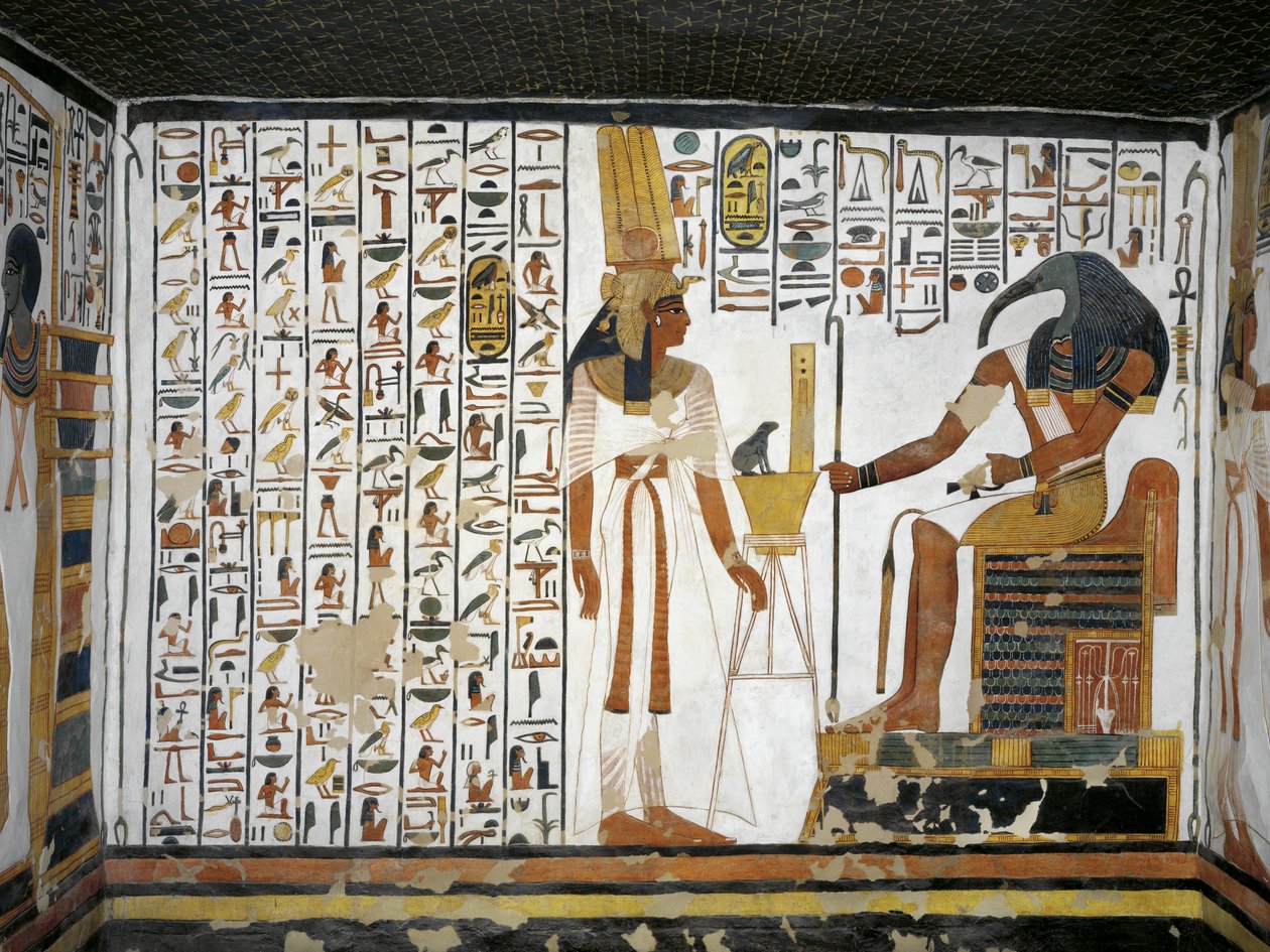 Egipt, Teby, Luksor, Dolina Królowych, Grobowiec Nefertari, Aneks do przedpokoju, Malowidła ścienne, Królowa przed boskim pisarzem Thotem autorstwa Egyptian 19th Dynasty