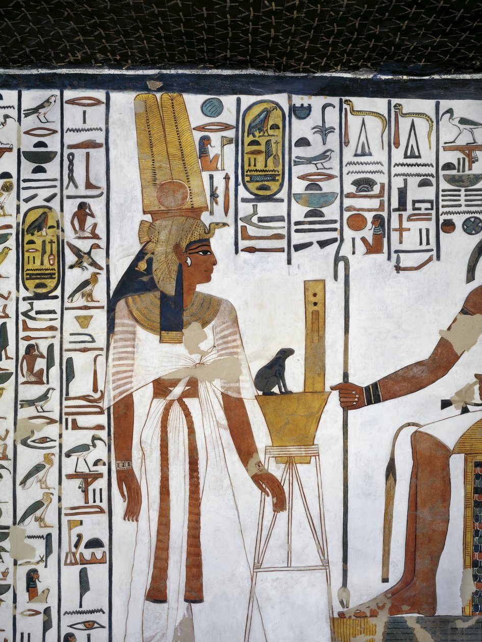 Egipt, Teby, Luksor, Dolina Królowych, Grobowiec Nefertari, Aneks do przedpokoju, Malowidła ścienne, Królowa przed boskim pisarzem Thotem autorstwa Egyptian 19th Dynasty