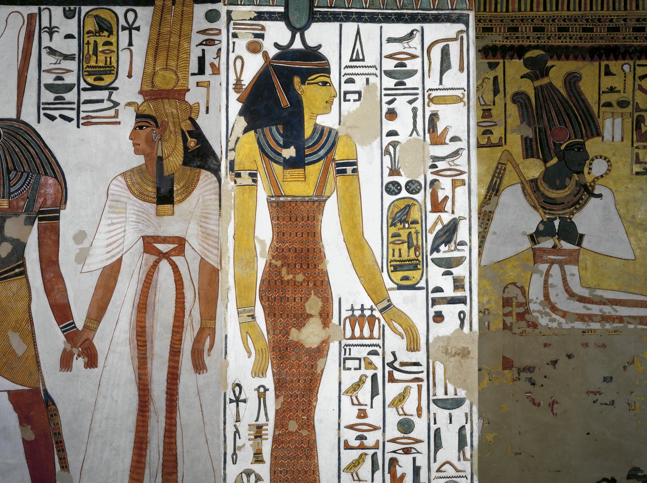 Egipt, Teby, Luksor, Dolina Królowych, Grobowiec Nefertari, Przedsionek, Malowidła ścienne, Harsiesi prowadzi królową za rękę, bogini Neith autorstwa Egyptian 19th Dynasty