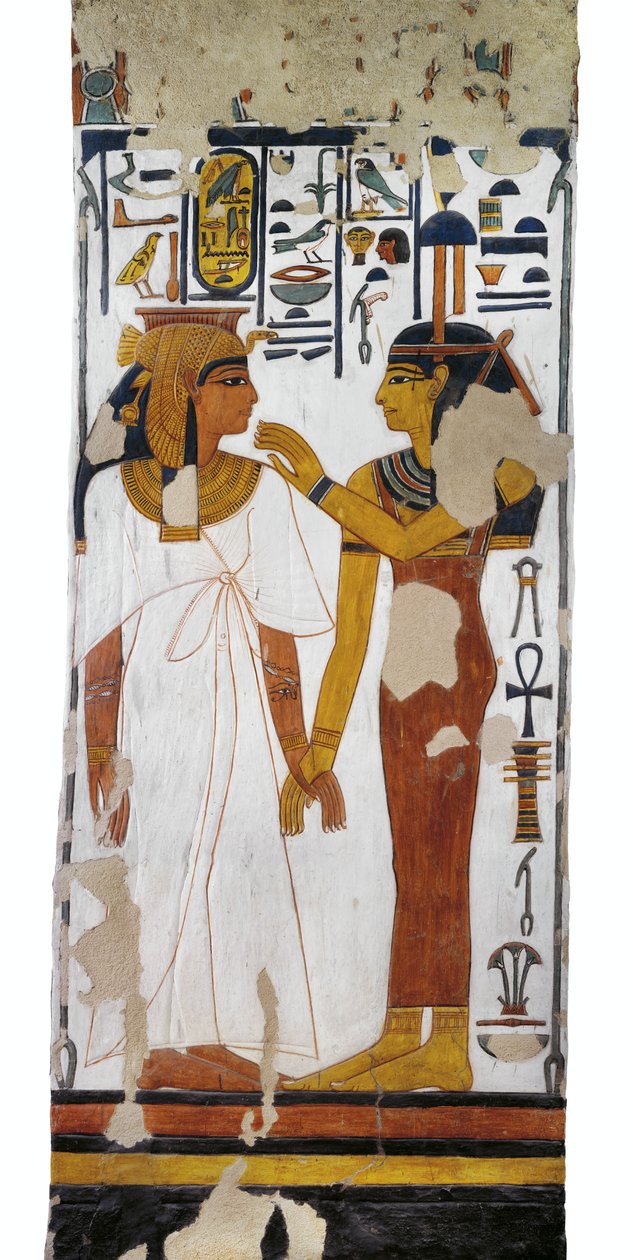 Egipt, Teby, Luksor, Dolina Królowych, Grób Nefertari, malowidło ścienne bogini Izydy i królowej na filarze w komorze grobowej z XIX dynastii autorstwa Egyptian 19th Dynasty