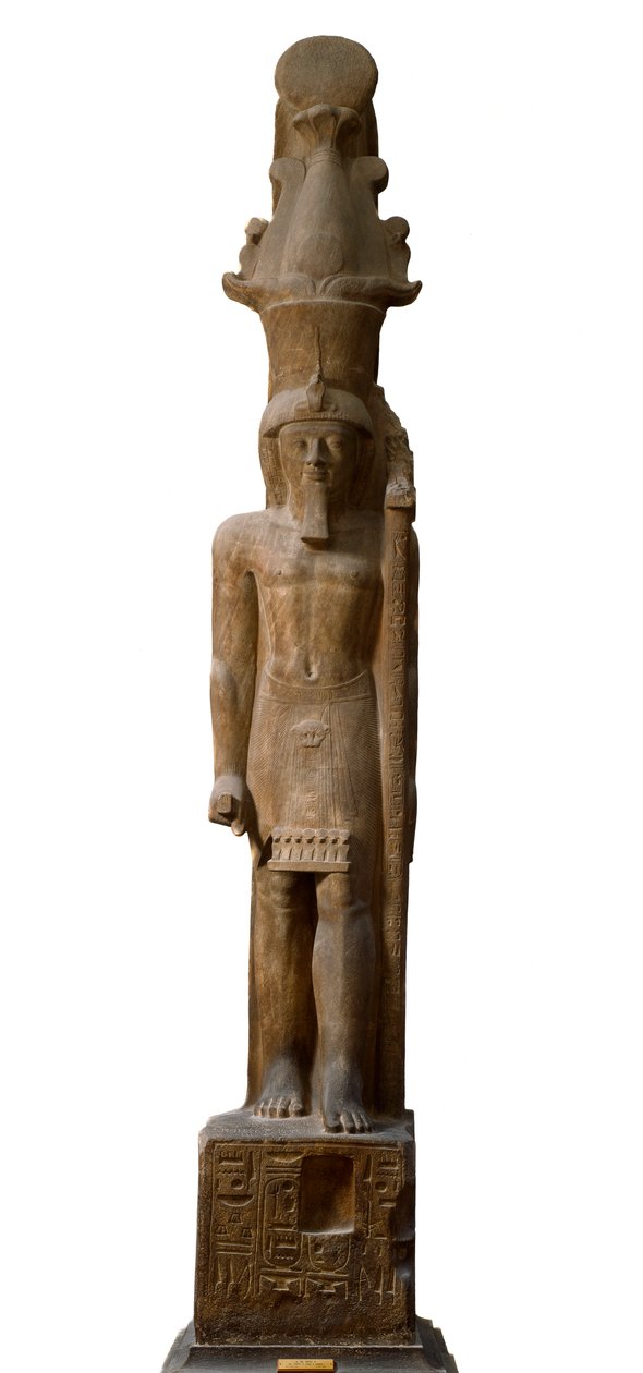 Starożytność egipska: posąg faraona Seti II (Seti lub Sety) (1200-1194 pne) z XIX dynastii w różowym gresie, niesie berło z symbolem boga Amona, Dim. 465 cm. Muzeum Egipskie w Turynie. autorstwa Egyptian 19th Dynasty