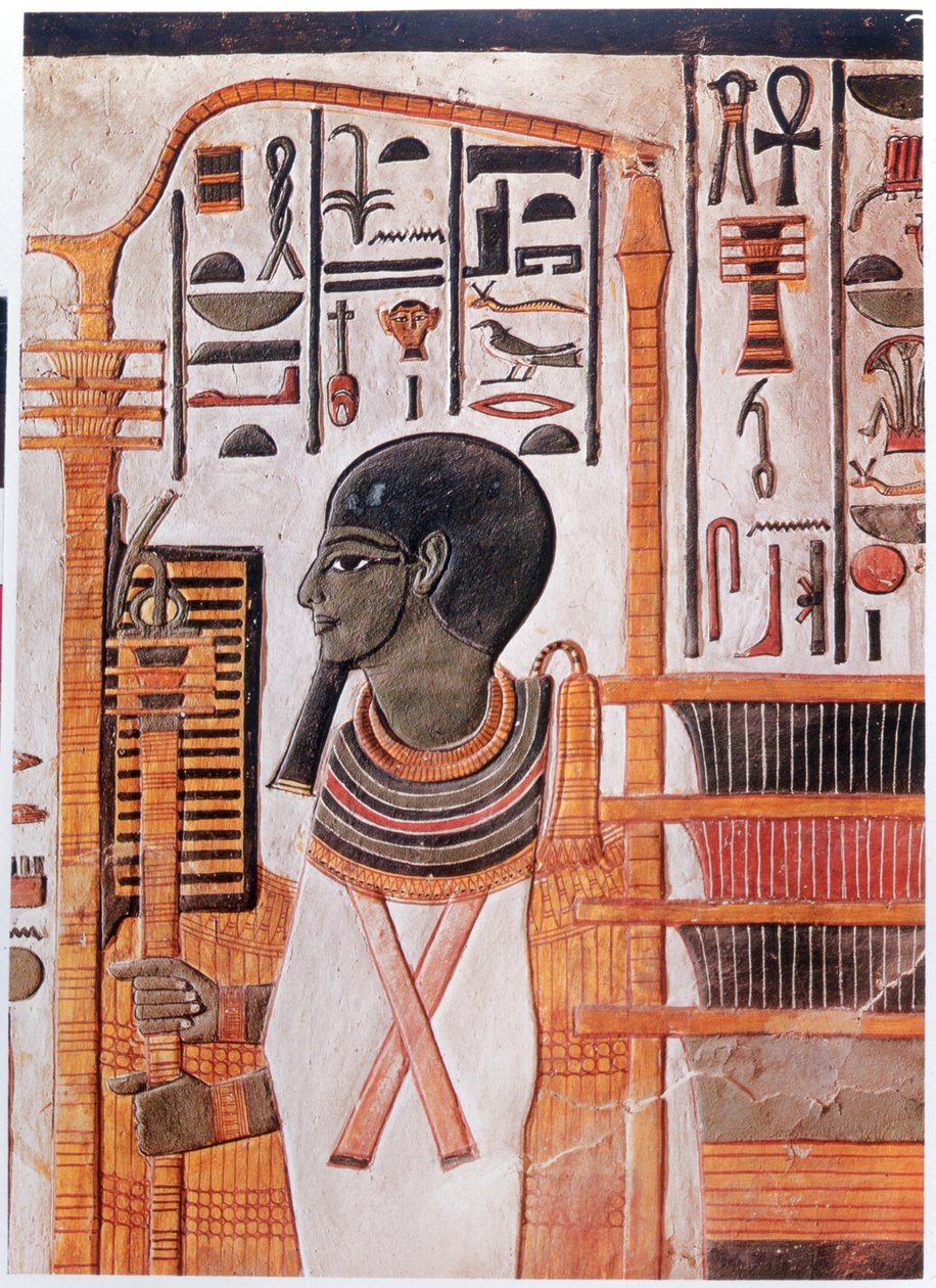 Historia. Starożytny Egipt. Ptah, deifikacja pierwotnego kopca w kosmogonii Enneady. Fresk w grobowcu Nefertari w Dolinie Królów, starożytny Egipt. (fresk) autorstwa Egyptian 19th Dynasty