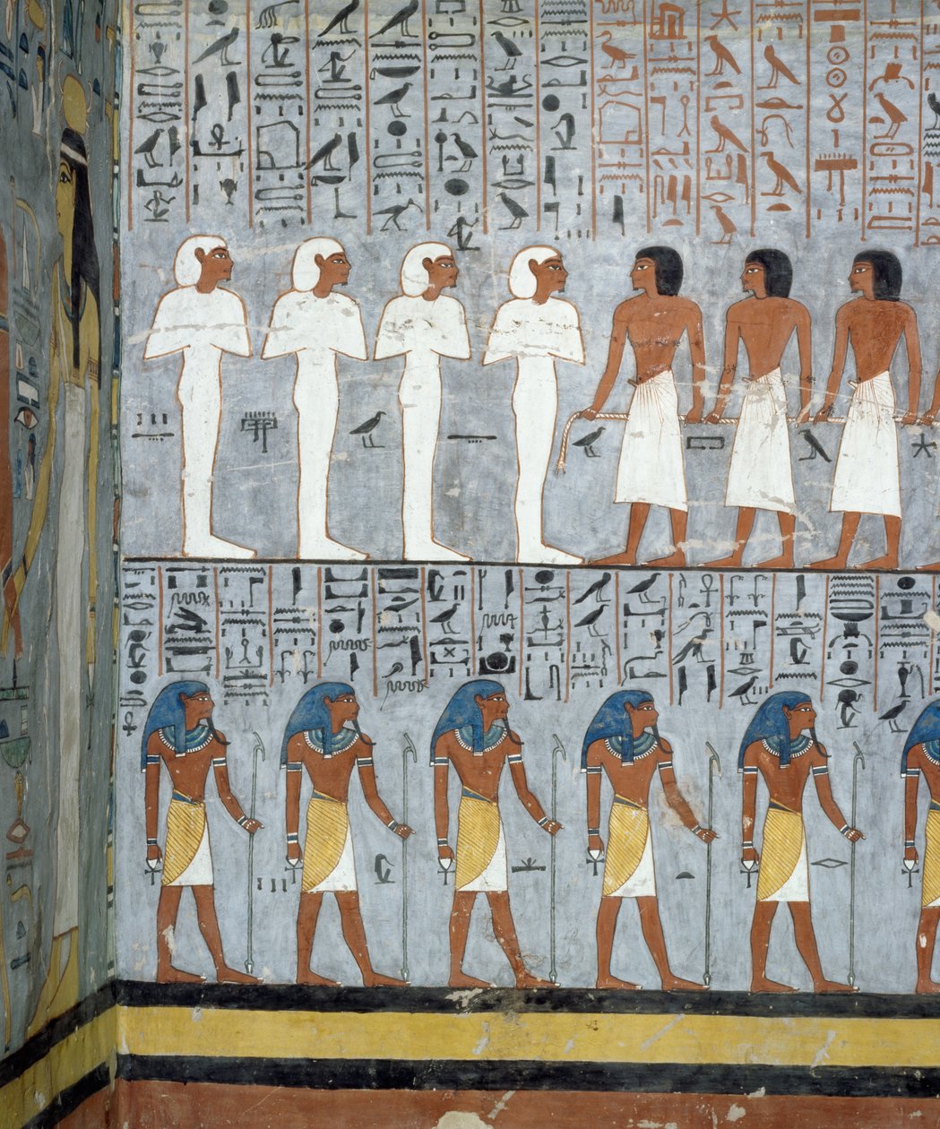 Mumie i postacie męskie, fragment fresków w komorze grobowej Grobowca Ramzesa I, Dolina Królów, Luksor, Teby (lista światowego dziedzictwa UNESCO autorstwa Egyptian 19th Dynasty