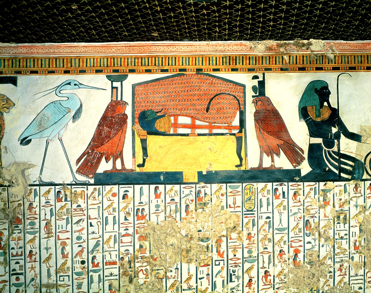 Mumia na łożu pogrzebowym z różnymi bóstwami, z Grobowca Nefertari, Nowe królestwo (malarstwo ścienne) autorstwa Egyptian 19th Dynasty