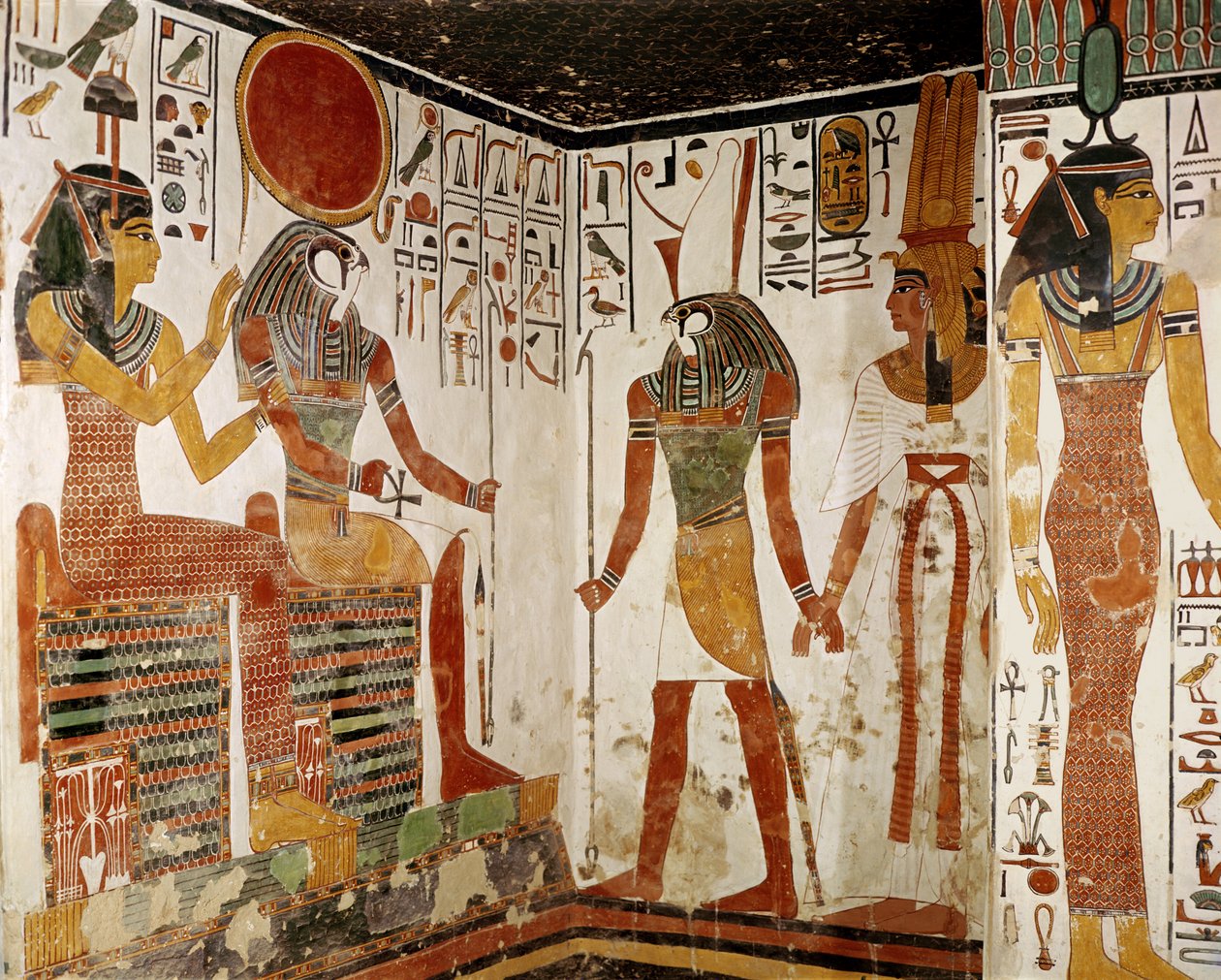Nefertari zostaje sprowadzona przed boga Re-Horachtiego przez Horusa, z Grobowca Nefertari, Nowe Królestwo (malowidło ścienne) autorstwa Egyptian 19th Dynasty