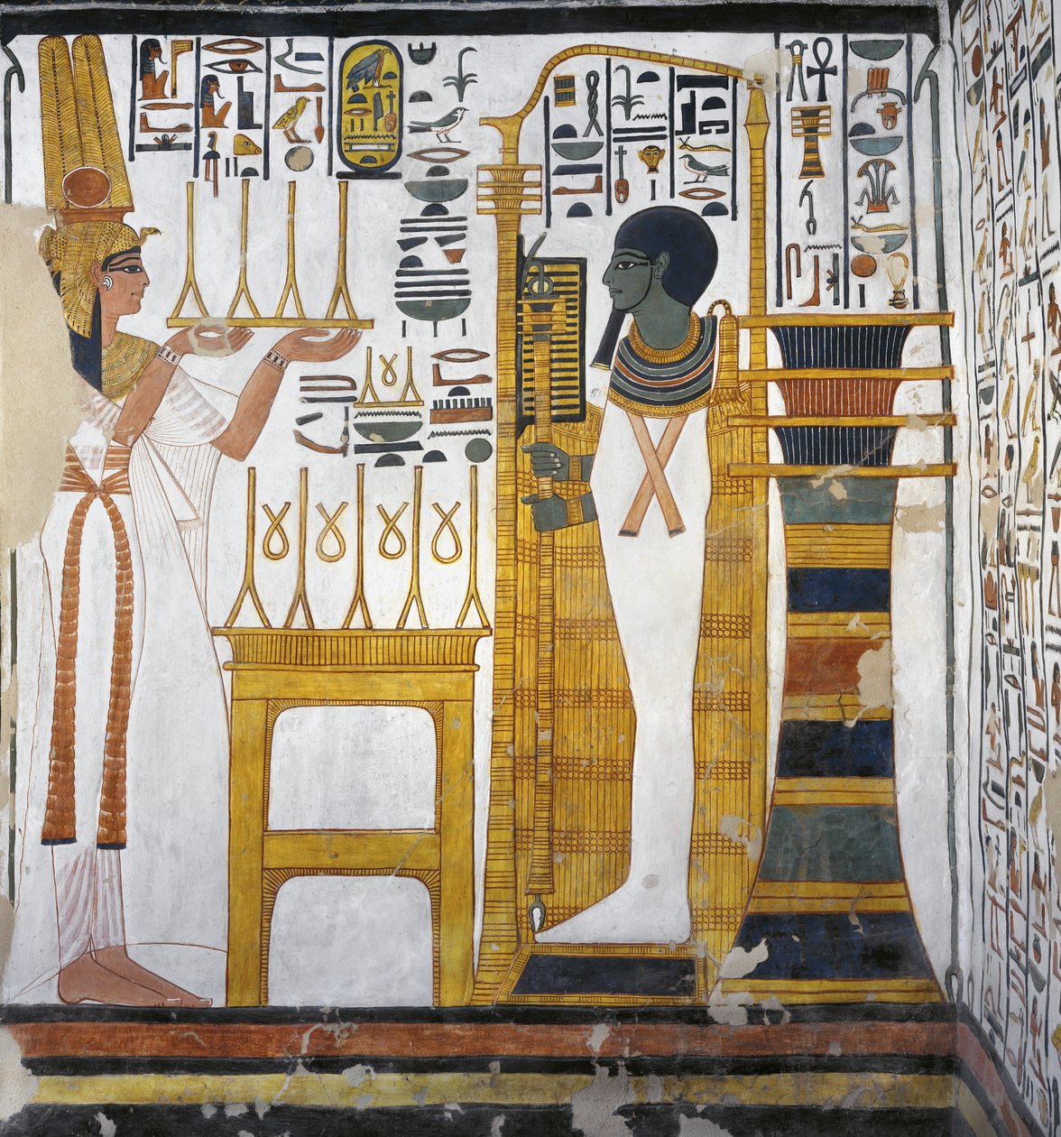Nefertari składa Ptahowi ofiarę z lnu, fragment zachodniej ściany wschodniego aneksu grobowca Nefertari (malowidło ścienne) autorstwa Egyptian 19th Dynasty