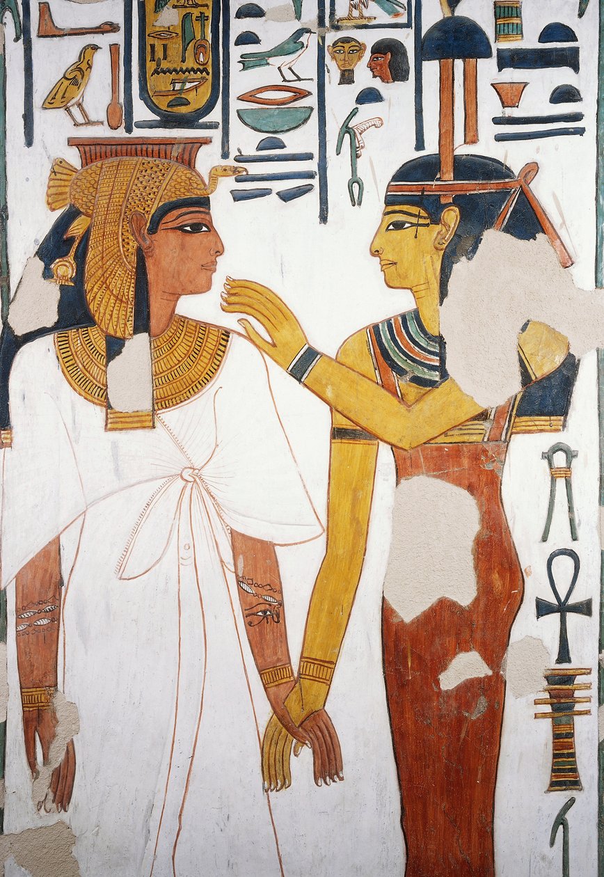 Nefertari spotyka boginię Izydę, fresk, fasada czwartego filaru skierowana na północ, komora grobowa, Grobowiec Nefertari (QV66), Dolina Królowych, Teby (Lista Światowego Dziedzictwa UNESCO autorstwa Egyptian 19th Dynasty
