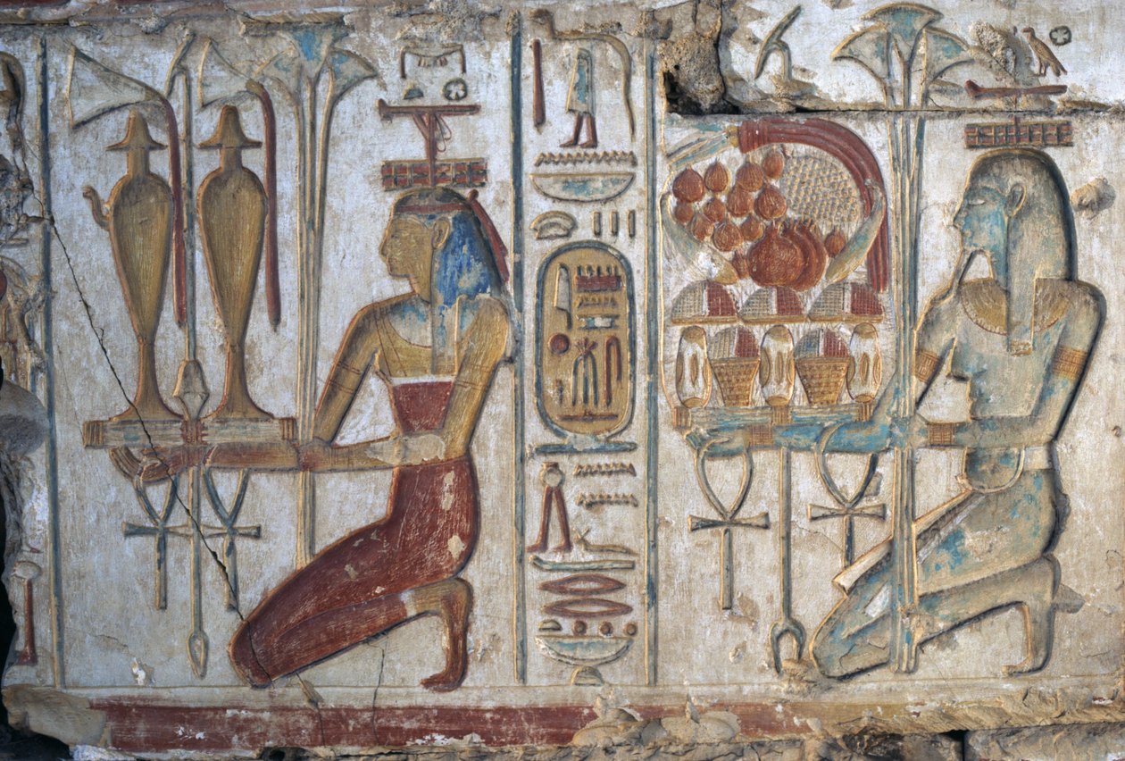 Offering scene, relief, Temple of Ramses II, Abydos, Egypt, Egyptian civilization, New Kingdom, Dynasty XIX (photo) autorstwa Egyptian 19th Dynasty
