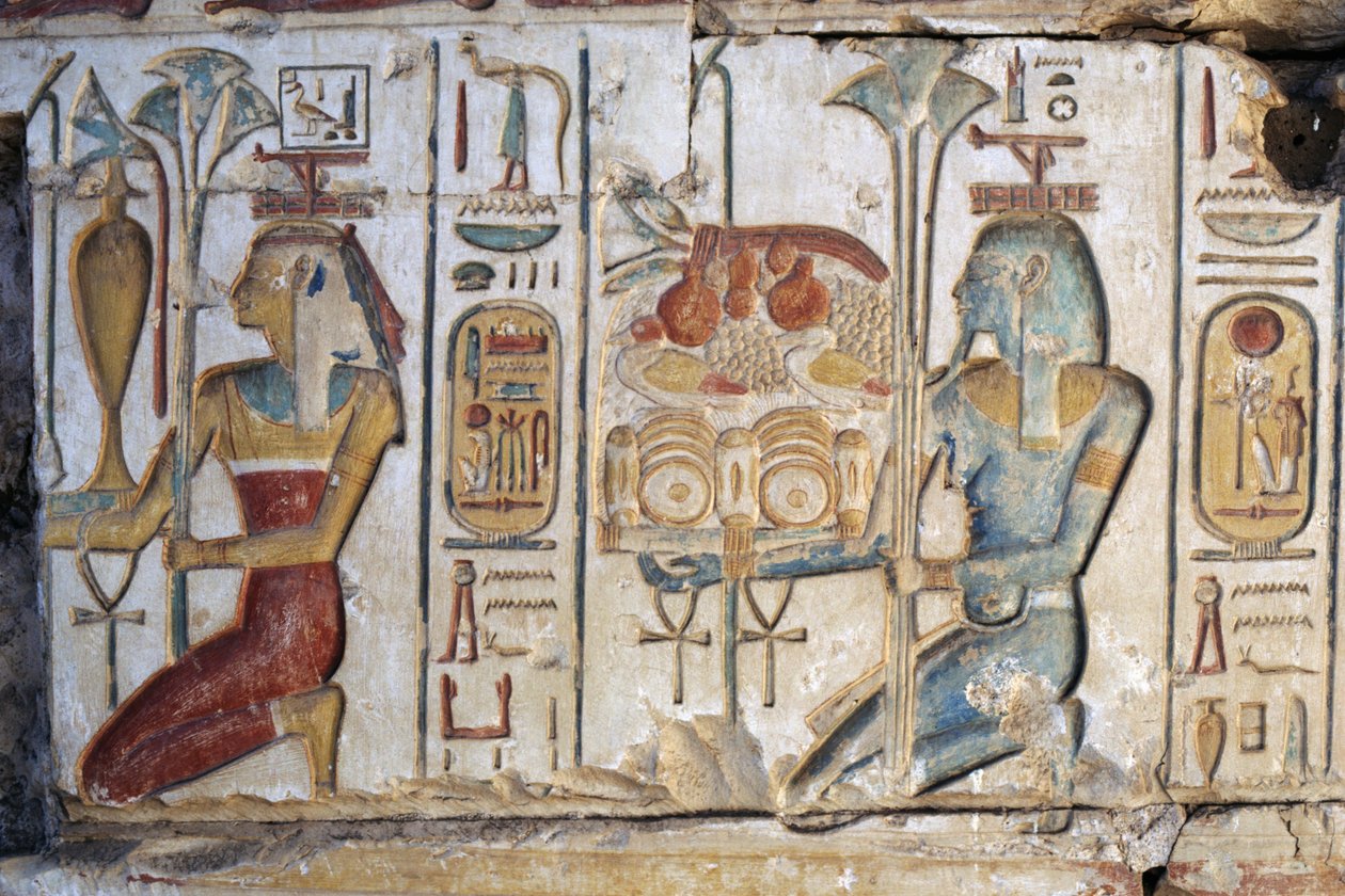 Scena składania ofiary, relief, świątynia Ramzesa II, Abydos, Egipt, cywilizacja egipska, Nowe Państwo, XIX dynastia (zdjęcie ilustracyjne) autorstwa Egyptian 19th Dynasty