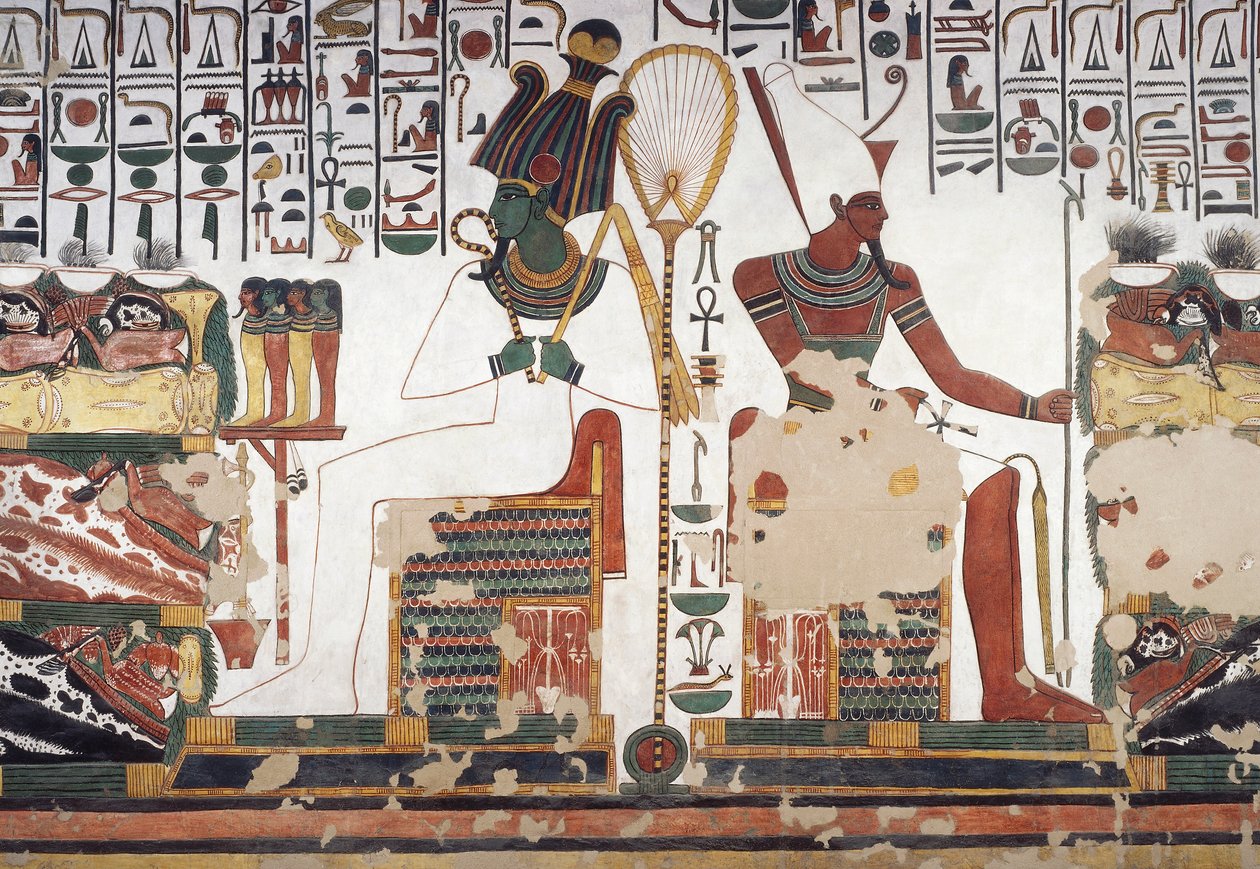 Ozyrys i Atum, fresk, wschodnia ściana, wschodnia komnata boczna, Grobowiec Nefertari (QV66), Dolina Królowych, Teby (Lista Światowego Dziedzictwa UNESCO autorstwa Egyptian 19th Dynasty