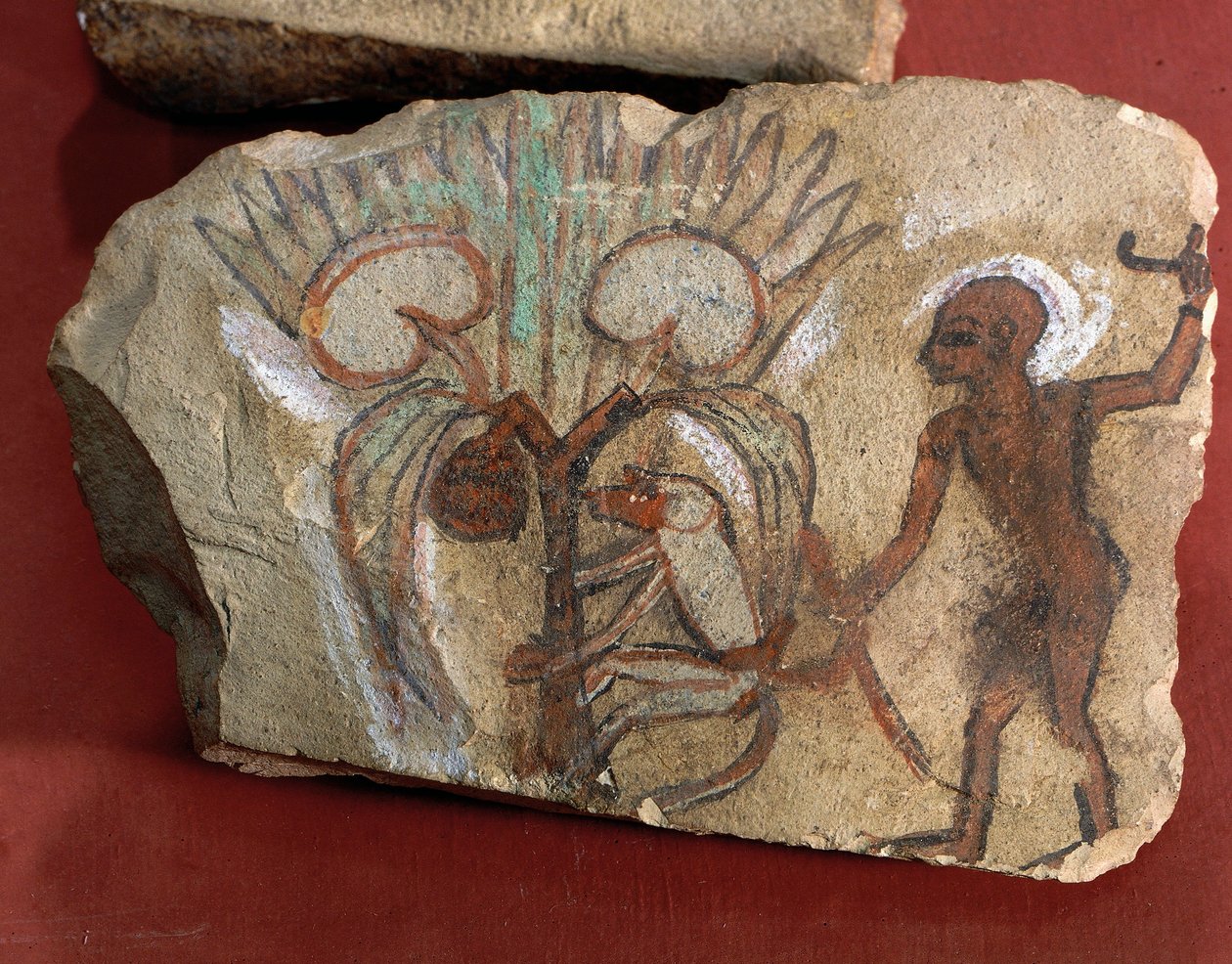 Ostrakon przedstawiający małpę zbierającą daktyle obserwowaną przez młodego mężczyznę z Egiptu, Teby Zachodnie, Deir el-Medina autorstwa Egyptian 19th Dynasty
