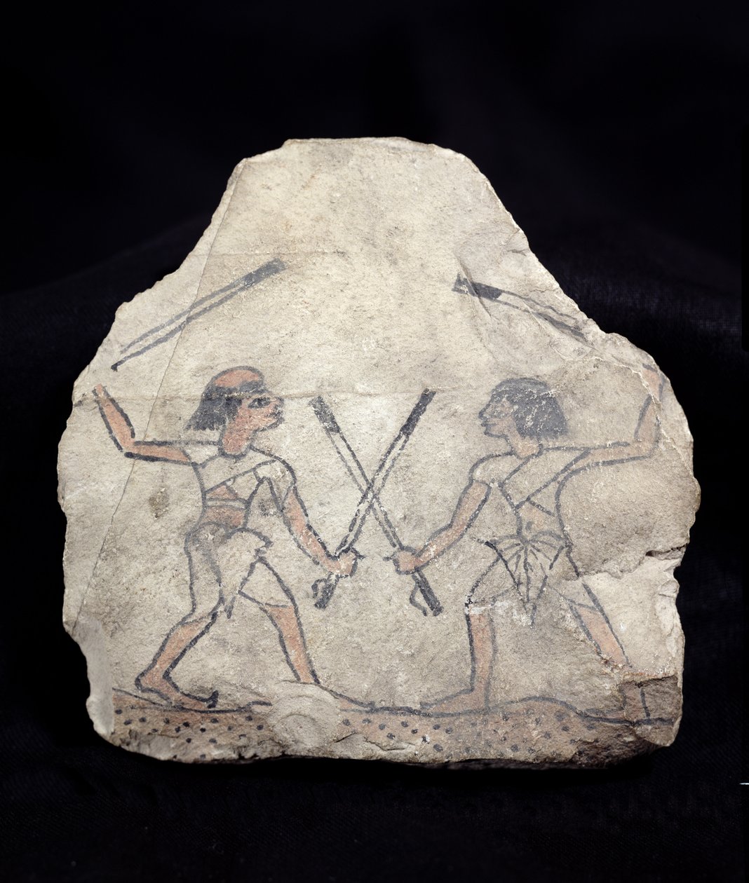 Ostrakon przedstawiający dwóch mężczyzn walczących na kije, z Deir El-Medina, Nowe Królestwo (malowany kamień) autorstwa Egyptian 19th Dynasty