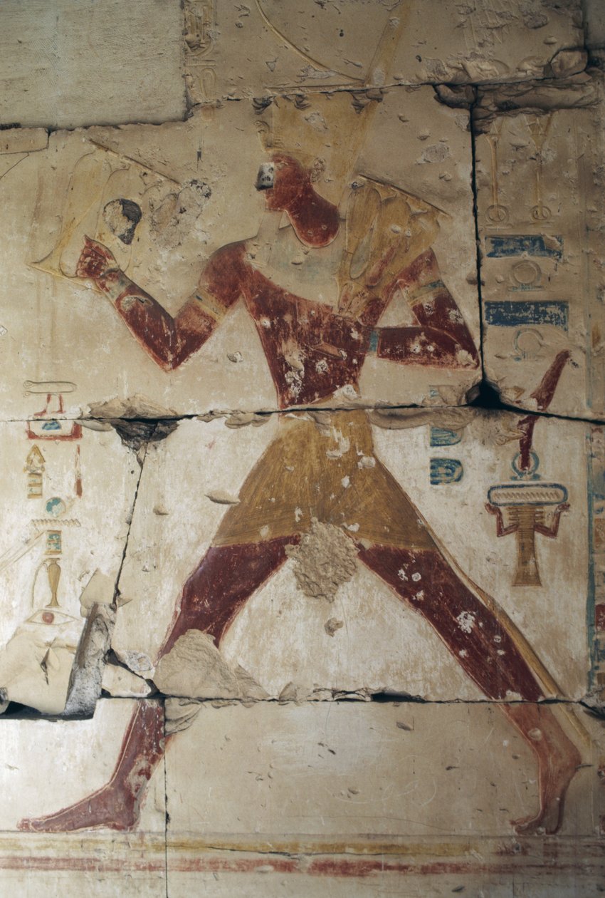Malowany relief przedstawiający faraona, świątynia Ramzesa II, Abydos, Egipt, cywilizacja egipska, Nowe Państwo, dynastia XIX (zdjęcie ilustracyjne) autorstwa Egyptian 19th Dynasty