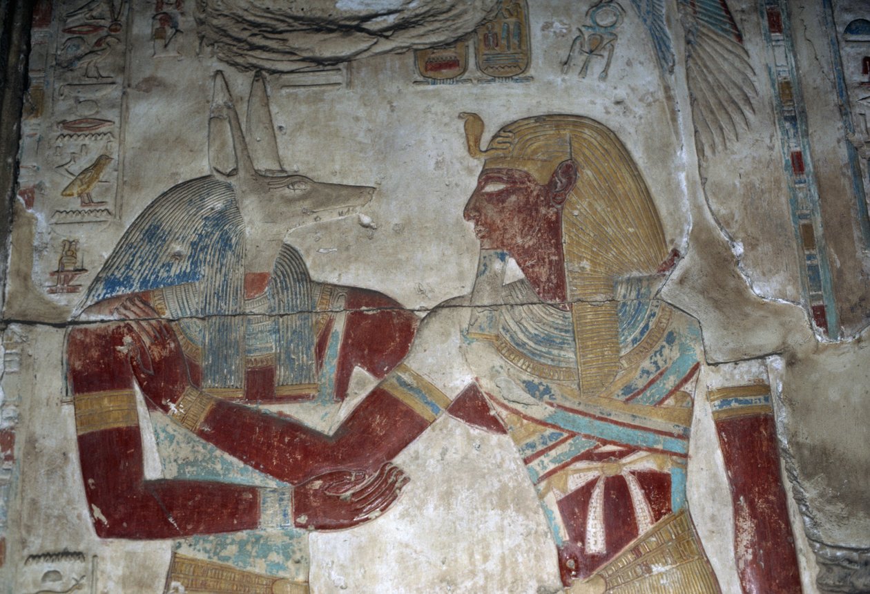 Malowany relief przedstawiający faraona i boga Anubisa, kaplica Ozyrysa, świątynia Setiego I autorstwa Egyptian 19th Dynasty