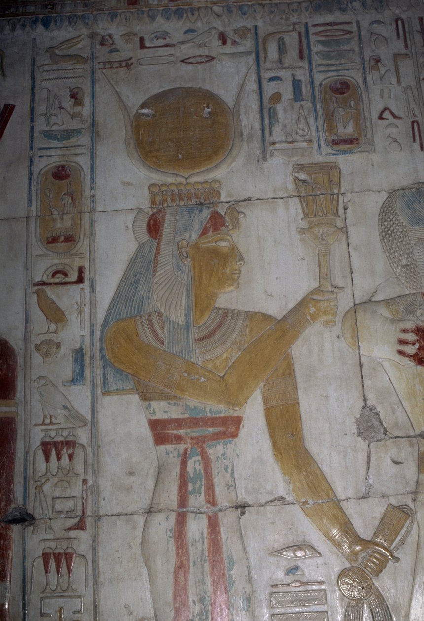 Malowany relief przedstawiający boginię Hator, kaplica Ozyrysa, świątynia Setiego I autorstwa Egyptian 19th Dynasty
