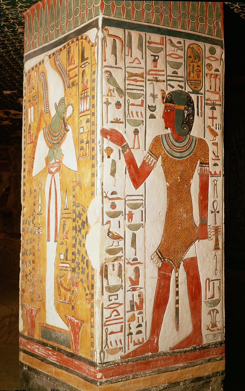 Filar przedstawiający Ozyrysa i kapłana w skórze pantery, z Grobowca Nefertari, Nowe Królestwo (malowidło ścienne) autorstwa Egyptian 19th Dynasty