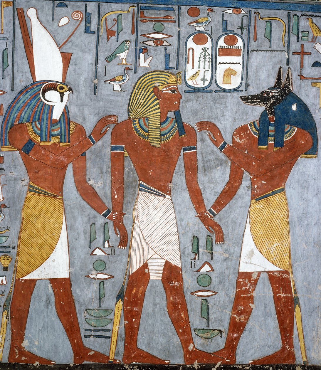 Ramzes I między Horusem a Anubisem, fresk, komora grobowa, Grób Ramzesa I (KV16), Dolina Królów, Teby (Lista Światowego Dziedzictwa UNESCO autorstwa Egyptian 19th Dynasty