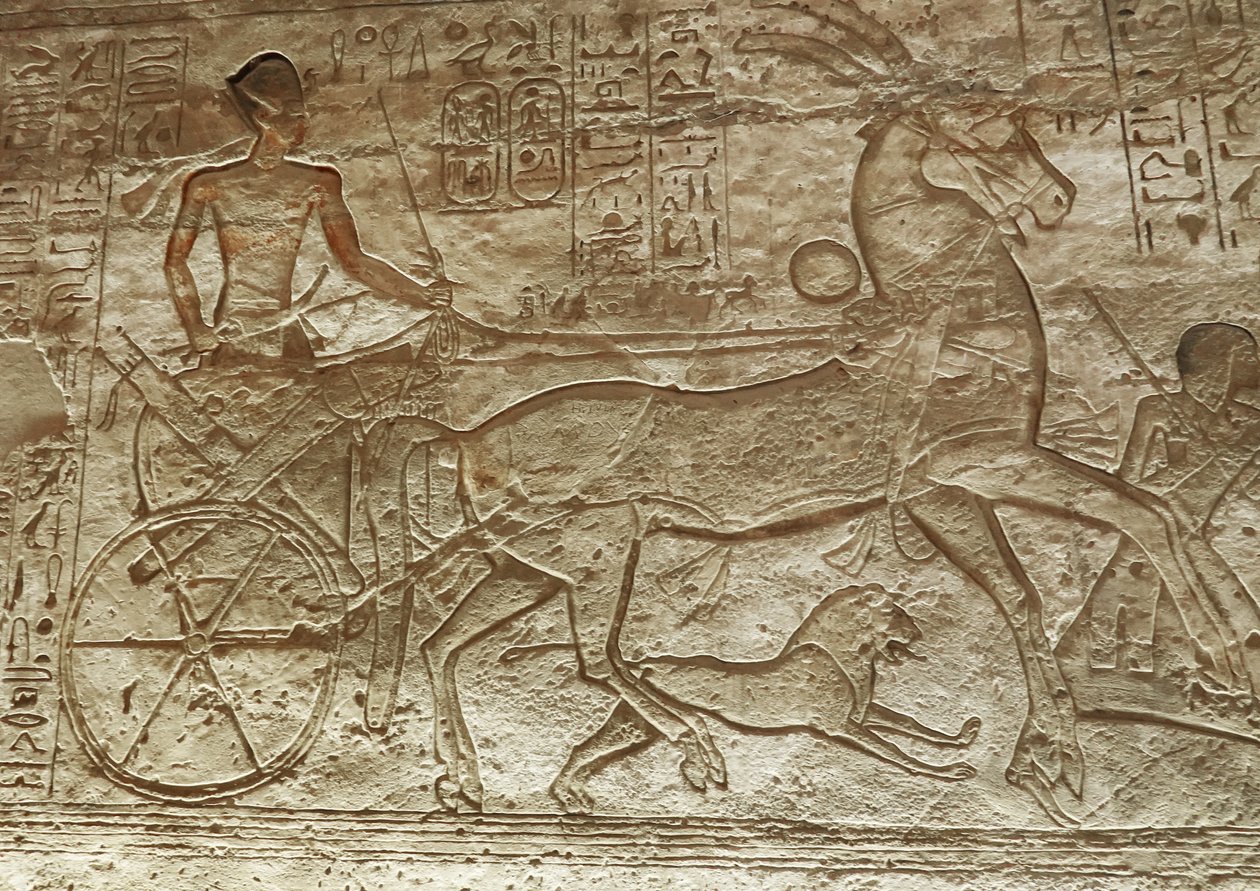 Ramzes II na swoim wozie, wielka świątynia Abu Simbel (relief) autorstwa Egyptian 19th Dynasty