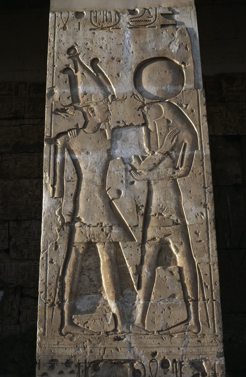 Relief przedstawiający faraona z bogiem Horusem, portyk świątyni Setiego I autorstwa Egyptian 19th Dynasty