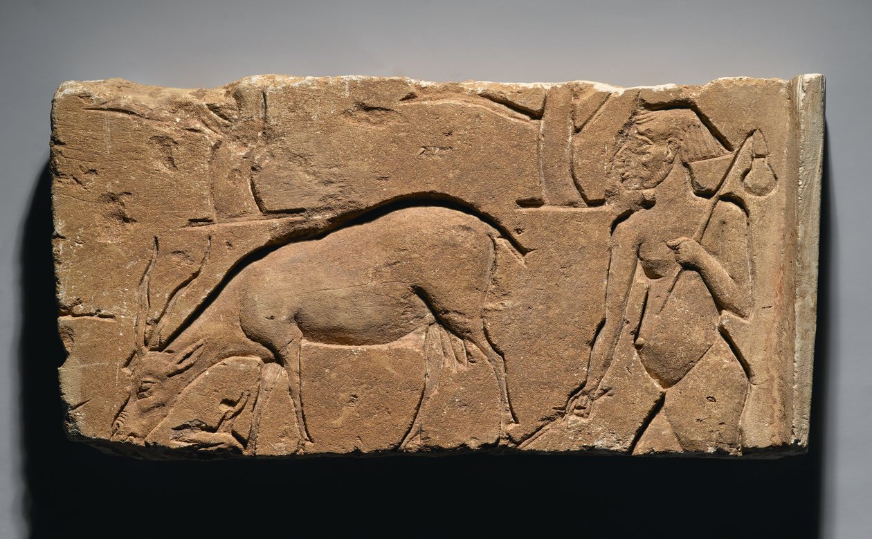 Relief przedstawiający pasterza kóz z kozą i drzewami, prawdopodobnie z Tell el-Amarna, Nowe Królestwo, 1350-1333 pne (wapień) autorstwa Egyptian 19th Dynasty