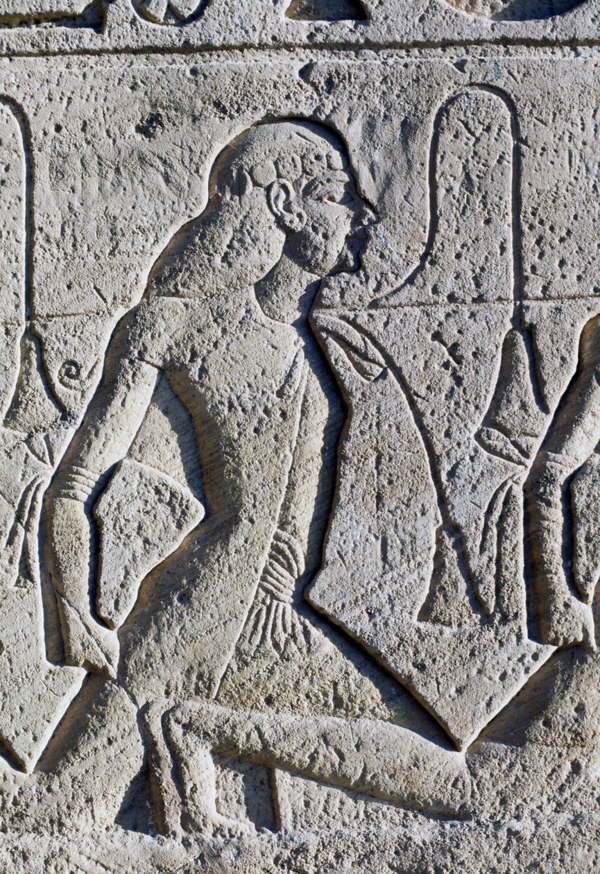 Relief przedstawiający czarnoskórych i azjatyckich jeńców z bitwy pod Kadesz, detal z podstawy tronów na fasadzie Wielkiej Świątyni Ramzesa II, Abu Simbel (Lista światowego dziedzictwa UNESCO) autorstwa Egyptian 19th Dynasty