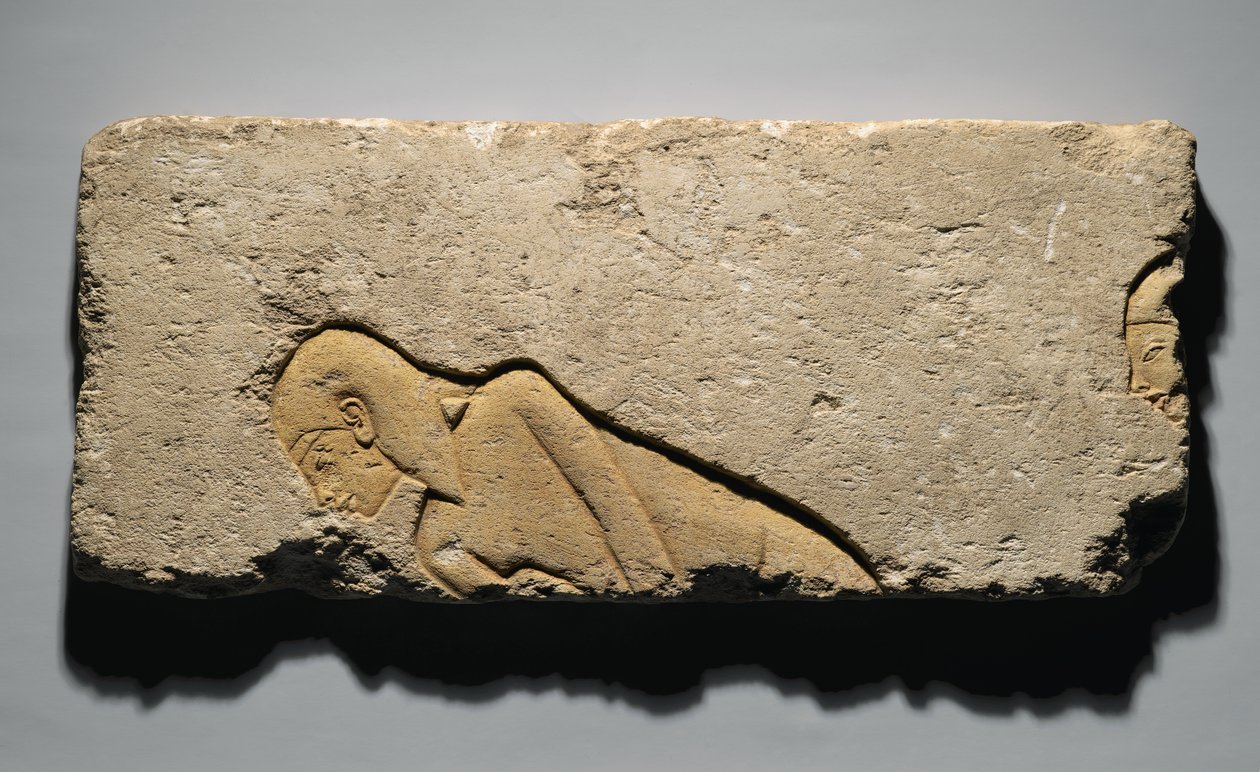 Relief przedstawiający dwóch mężczyzn kłaniających się, z Tell el-Amarna, Nowe Królestwo, ok. 1352-1336 pne (wapień) autorstwa Egyptian 19th Dynasty