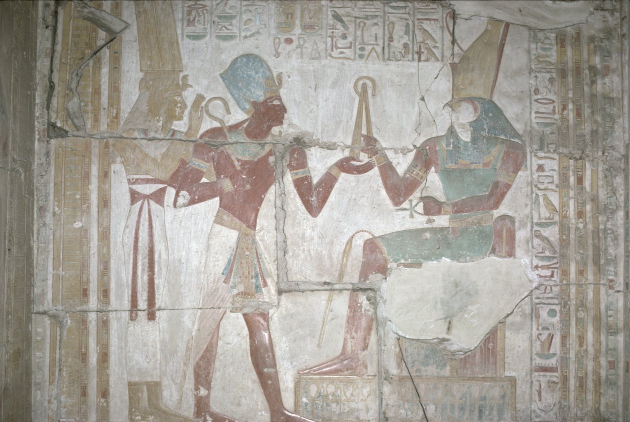 Relief Izydy przedstawiający Setosa I (1303-1290 pne) Horusowi, Nowe Królestwo (malowidło ścienne) autorstwa Egyptian 19th Dynasty