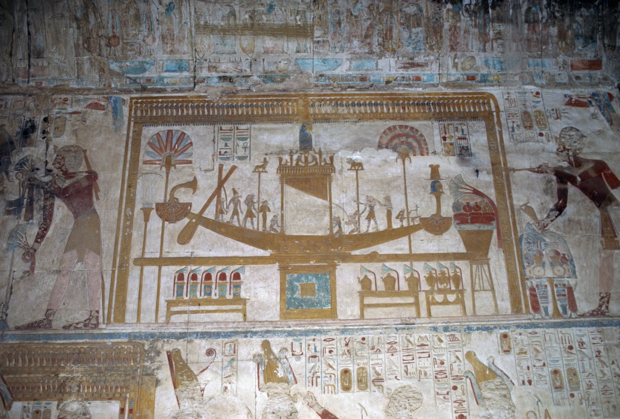 Święta łódź, płaskorzeźba, kaplica Ozyrysa, świątynia Setiego I autorstwa Egyptian 19th Dynasty