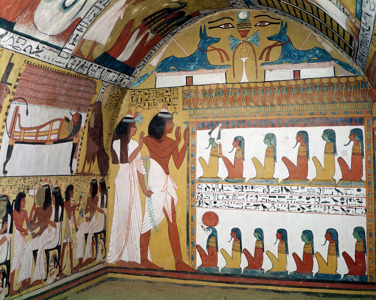 Sennedjem i jego żona naprzeciw naos zawierającego dwanaście bóstw, od zachodniej ściany Grobowca Sennedżema, Wioska Robotnicza, Nowe Królestwo (malowidło ścienne) autorstwa Egyptian 19th Dynasty