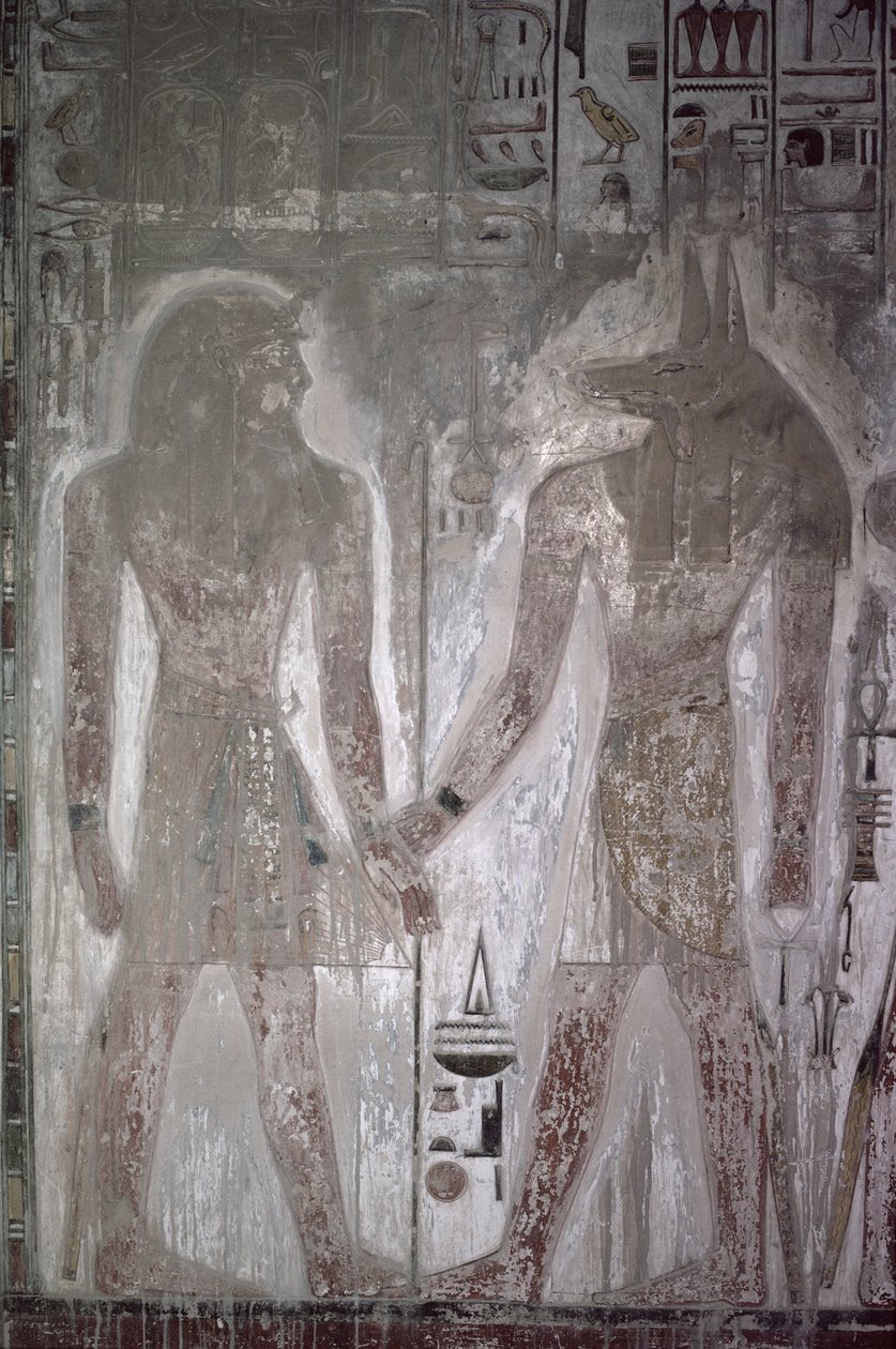 Seti I (1303-1290 pne) i Anubis w grobowcu Seti, Nowe Królestwo (malarstwo ścienne) autorstwa Egyptian 19th Dynasty